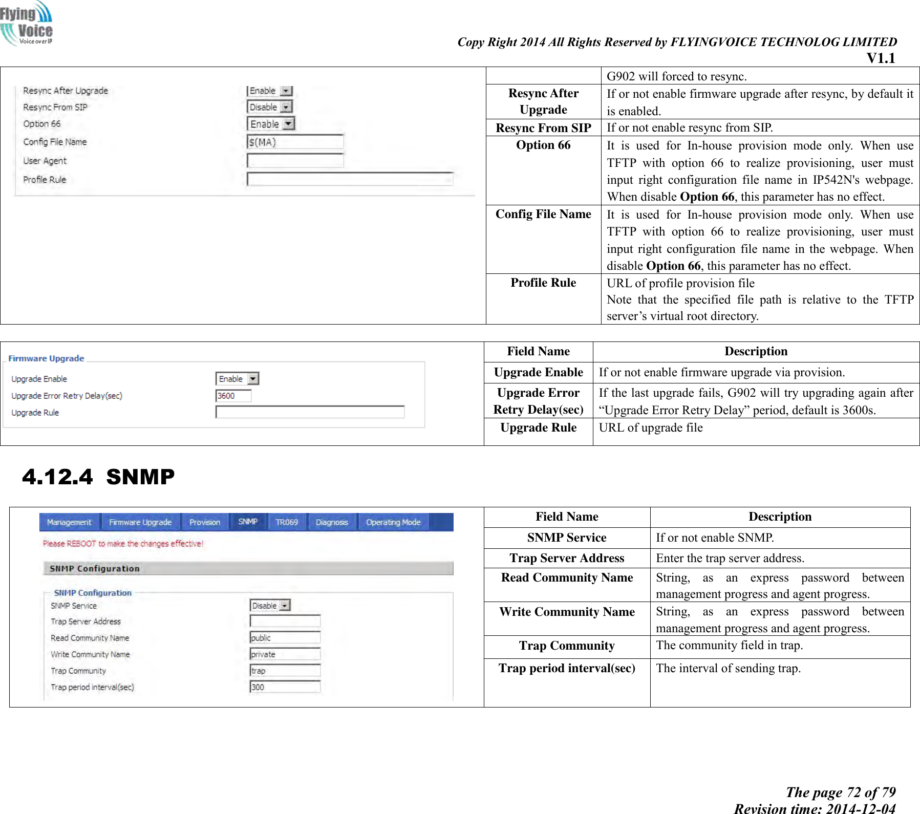                                                                                                                               Copy Right 2014 All Rights Reserved by FLYINGVOICE TECHNOLOG LIMITED V1.1 The page 72 of 79 Revision time: 2014-12-04       G902 will forced to resync. Resync After Upgrade If or not enable firmware upgrade after resync, by default it is enabled. Resync From SIP If or not enable resync from SIP. Option 66 It  is  used  for  In-house  provision  mode  only.  When  use TFTP  with  option  66  to  realize  provisioning,  user  must input  right  configuration  file  name  in  IP542N&apos;s  webpage. When disable Option 66, this parameter has no effect. Config File Name It  is  used  for  In-house  provision  mode  only.  When  use TFTP  with  option  66  to  realize  provisioning,  user  must input  right  configuration  file  name  in  the  webpage.  When disable Option 66, this parameter has no effect. Profile Rule URL of profile provision file Note  that  the  specified  file  path  is  relative  to  the  TFTP server’s virtual root directory.   Field Name   Description Upgrade Enable If or not enable firmware upgrade via provision.     Upgrade Error Retry Delay(sec) If the last upgrade fails, G902 will try upgrading again after “Upgrade Error Retry Delay” period, default is 3600s. Upgrade Rule URL of upgrade file 4.12.4 SNMP  Field Name   Description SNMP Service If or not enable SNMP.   Trap Server Address Enter the trap server address. Read Community Name String,  as  an  express  password  between management progress and agent progress. Write Community Name String,  as  an  express  password  between management progress and agent progress. Trap Community The community field in trap. Trap period interval(sec) The interval of sending trap.  