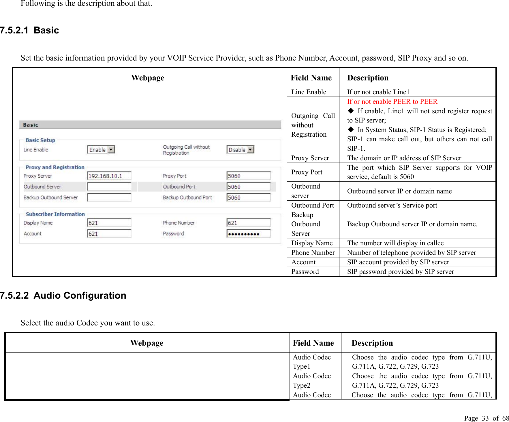 Page 33 of 68Following is the description about that.7.5.2.1 BasicSet the basic information provided by your VOIP Service Provider, such as Phone Number, Account, password, SIP Proxy and so on.WebpageField NameDescriptionLine EnableIf or not enable Line1Outgoing CallwithoutRegistrationIf or not enable PEER to PEERIf enable, Line1 will not send register requestto SIP server;In System Status, SIP-1 Status is Registered;SIP-1 can make call out, but others can not callSIP-1.Proxy ServerThe domain or IP address of SIP ServerProxy PortThe port which SIP Server supports for VOIPservice, default is 5060OutboundserverOutbound server IP or domain nameOutbound PortOutbound server’s Service portBackupOutboundServerBackup Outbound server IP or domain name.Display NameThe number will display in calleePhone NumberNumber of telephone provided by SIP serverAccountSIP account provided by SIP serverPasswordSIP password provided by SIP server7.5.2.2 Audio ConfigurationSelect the audio Codec you want to use.WebpageField NameDescriptionAudio CodecType1Choose the audio codec type from G.711U,G.711A, G.722, G.729, G.723Audio CodecType2Choose the audio codec type from G.711U,G.711A, G.722, G.729, G.723Audio CodecChoose the audio codec type from G.711U,