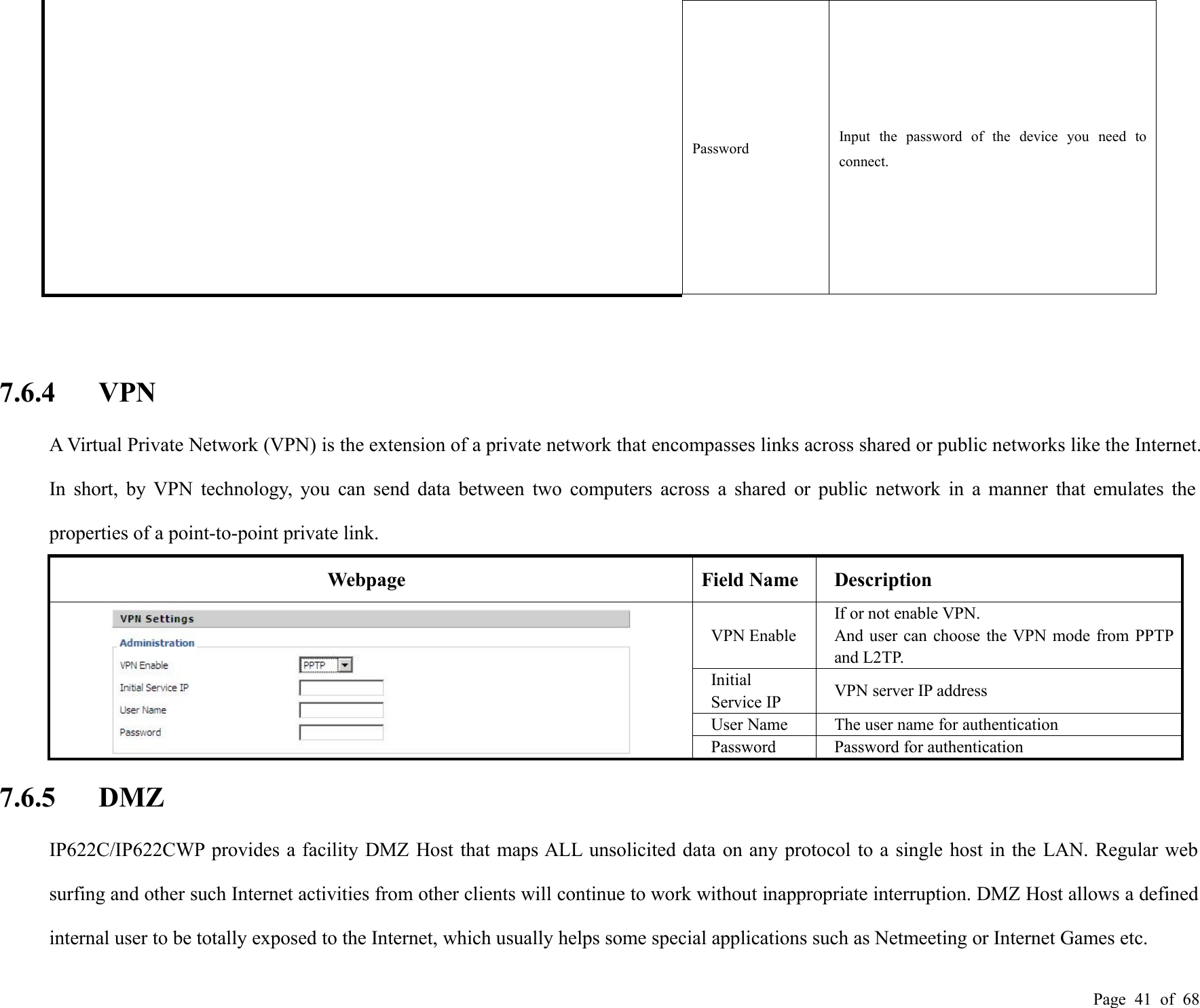 Page 41 of 68PasswordInput the password of the device you need toconnect.7.6.4 VPNA Virtual Private Network (VPN) is the extension of a private network that encompasses links across shared or public networks like the Internet.In short, by VPN technology, you can send data between two computers across a shared or public network in a manner that emulates theproperties of a point-to-point private link.WebpageField NameDescriptionVPN EnableIf or not enable VPN.And user can choose the VPN mode from PPTPand L2TP.InitialService IPVPN server IP addressUser NameThe user name for authenticationPasswordPassword for authentication7.6.5 DMZIP622C/IP622CWP provides a facility DMZ Host that maps ALL unsolicited data on any protocol to a single host in the LAN. Regular websurfing and other such Internet activities from other clients will continue to work without inappropriate interruption. DMZ Host allows a definedinternal user to be totally exposed to the Internet, which usually helps some special applications such as Netmeeting or Internet Games etc.