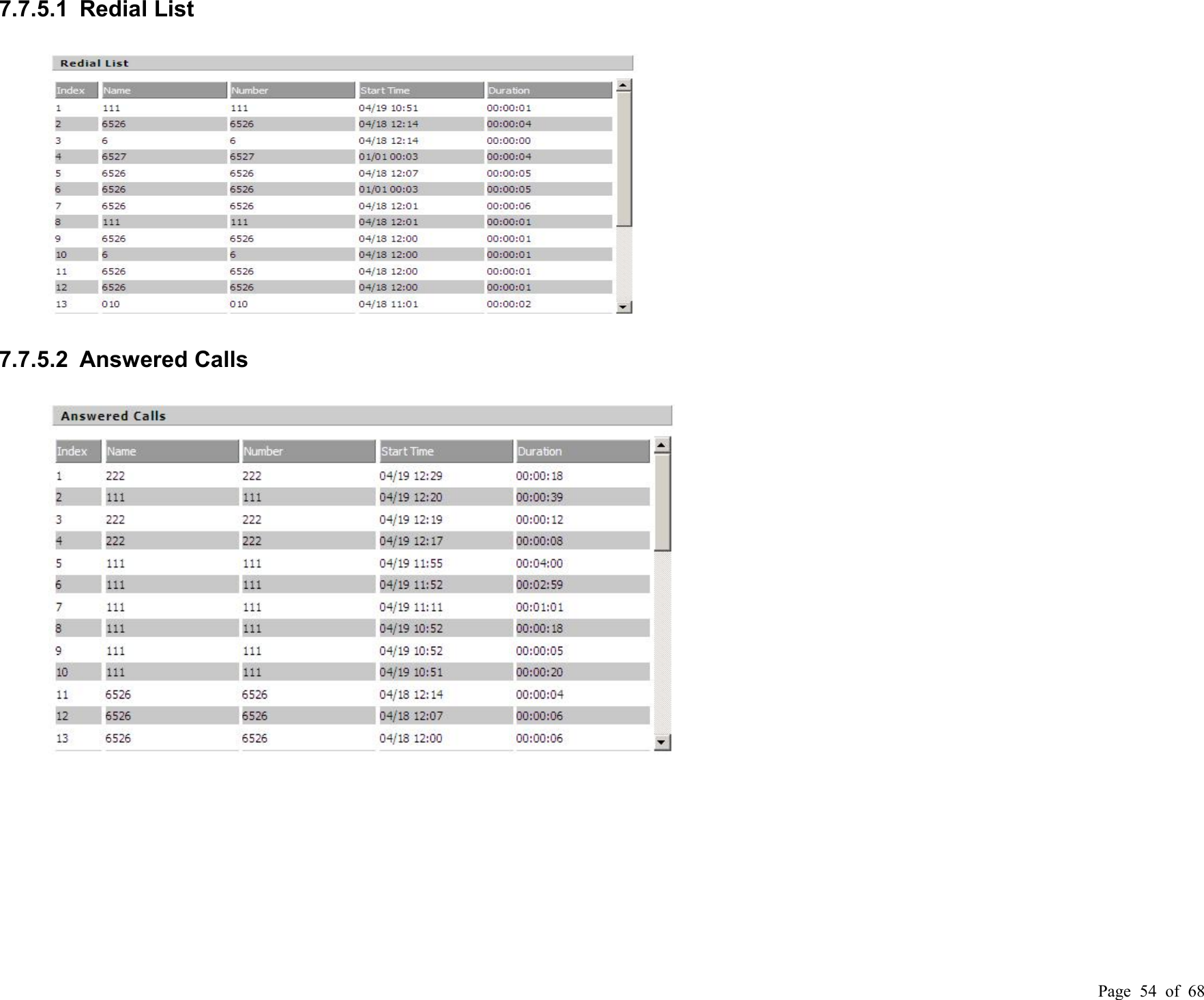 Page 54 of 687.7.5.1 Redial List7.7.5.2 Answered Calls