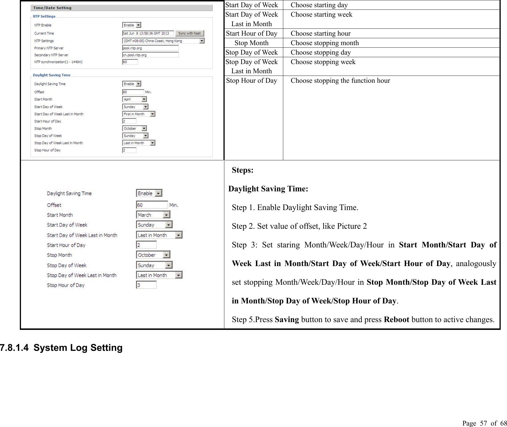 Page 57 of 68Start Day of WeekChoose starting dayStart Day of WeekLast in MonthChoose starting weekStart Hour of DayChoose starting hourStop MonthChoose stopping monthStop Day of WeekChoose stopping dayStop Day of WeekLast in MonthChoose stopping weekStop Hour of DayChoose stopping the function hourSteps:Daylight Saving Time:Step 1. Enable Daylight Saving Time.Step 2. Set value of offset, like Picture 2Step 3: Set staring Month/Week/Day/Hour in Start Month/Start Day ofWeek Last in Month/Start Day of Week/Start Hour of Day, analogouslyset stopping Month/Week/Day/Hour in Stop Month/Stop Day of Week Lastin Month/Stop Day of Week/Stop Hour of Day.Step 5.Press Saving button to save and press Reboot button to active changes.7.8.1.4 System Log Setting