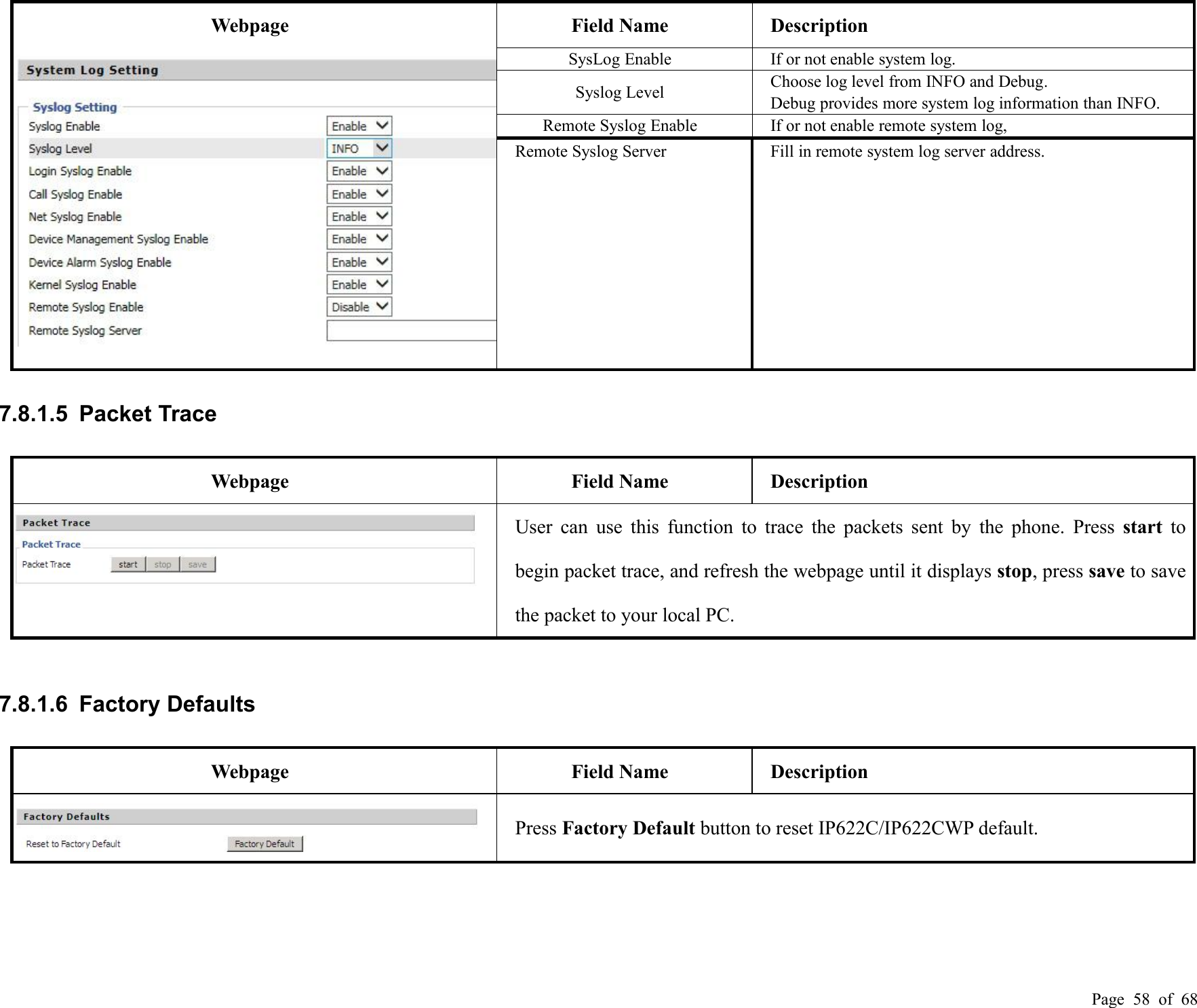 Page 58 of 68WebpageField NameDescriptionSysLog EnableIf or not enable system log.Syslog LevelChoose log level from INFO and Debug.Debug provides more system log information than INFO.Remote Syslog EnableIf or not enable remote system log,Remote Syslog ServerFill in remote system log server address.7.8.1.5 Packet TraceWebpageField NameDescriptionUser can use this function to trace the packets sent by the phone. Press start tobegin packet trace, and refresh the webpage until it displays stop, press save to savethe packet to your local PC.7.8.1.6 Factory DefaultsWebpageField NameDescriptionPress Factory Default button to reset IP622C/IP622CWP default.