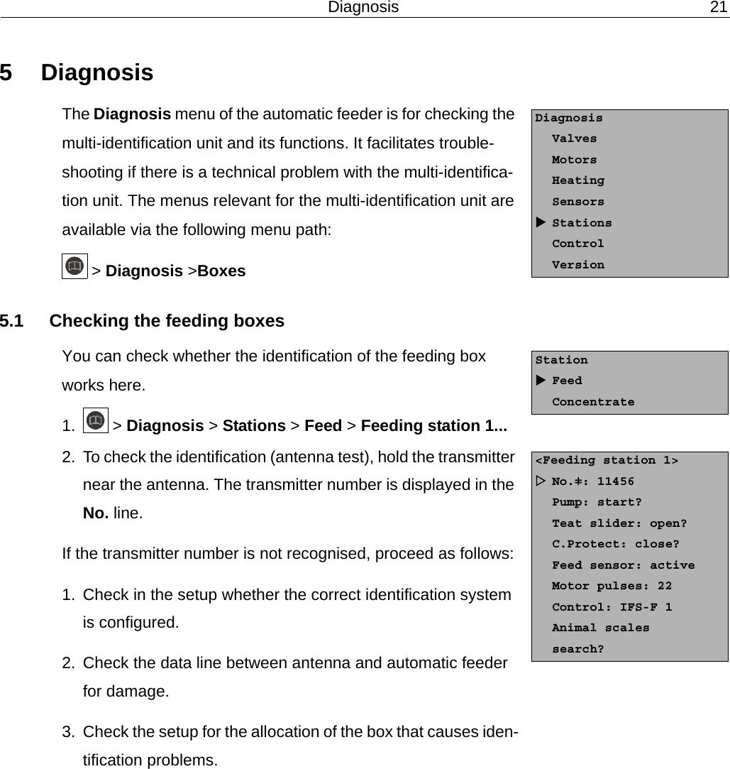 Diagnosis 215 DiagnosisThe Diagnosis menu of the automatic feeder is for checking the multi-identification unit and its functions. It facilitates trouble-shooting if there is a technical problem with the multi-identifica-tion unit. The menus relevant for the multi-identification unit are available via the following menu path: > Diagnosis >Boxes5.1 Checking the feeding boxesYou can check whether the identification of the feeding box works here.1.  > Diagnosis > Stations > Feed > Feeding station 1...2. To check the identification (antenna test), hold the transmitter near the antenna. The transmitter number is displayed in the No. line.If the transmitter number is not recognised, proceed as follows:1. Check in the setup whether the correct identification system is configured.2. Check the data line between antenna and automatic feeder for damage.3. Check the setup for the allocation of the box that causes iden-tification problems.DiagnosisValvesMotorsHeatingSensorsStationsControlVersionStationFeedConcentrate<Feeding station 1>No.ǂ: 11456Pump: start?Teat slider: open?C.Protect: close?Feed sensor: activeMotor pulses: 22Control: IFS-F 1Animal scalessearch?