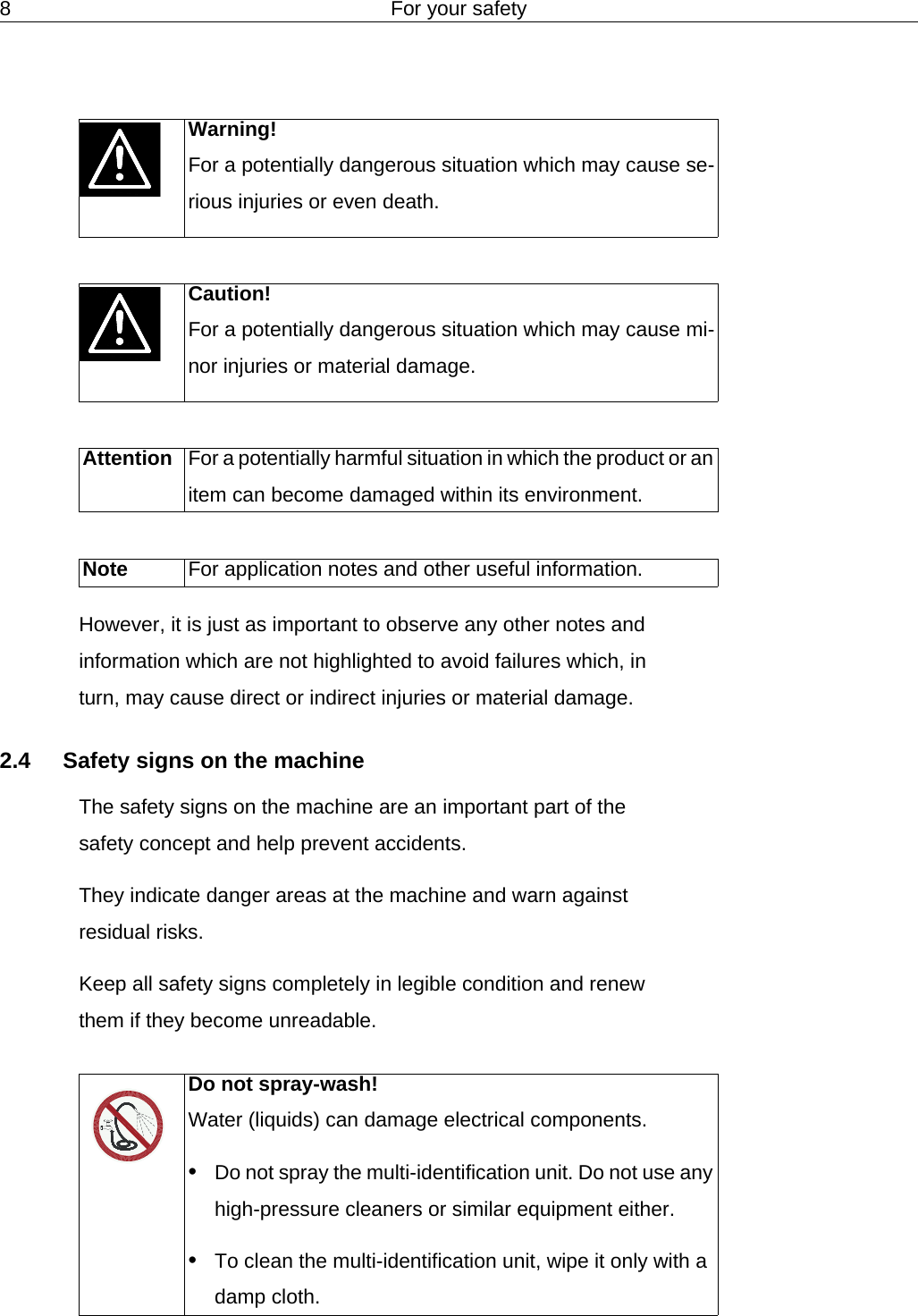 8 For your safetyHowever, it is just as important to observe any other notes and information which are not highlighted to avoid failures which, in turn, may cause direct or indirect injuries or material damage.2.4 Safety signs on the machineThe safety signs on the machine are an important part of the safety concept and help prevent accidents.They indicate danger areas at the machine and warn against residual risks.Keep all safety signs completely in legible condition and renew them if they become unreadable.Warning!For a potentially dangerous situation which may cause se-rious injuries or even death.Caution!For a potentially dangerous situation which may cause mi-nor injuries or material damage.Attention For a potentially harmful situation in which the product or an item can become damaged within its environment.Note For application notes and other useful information.Do not spray-wash!Water (liquids) can damage electrical components.&bull;Do not spray the multi-identification unit. Do not use any high-pressure cleaners or similar equipment either.&bull;To clean the multi-identification unit, wipe it only with a damp cloth.