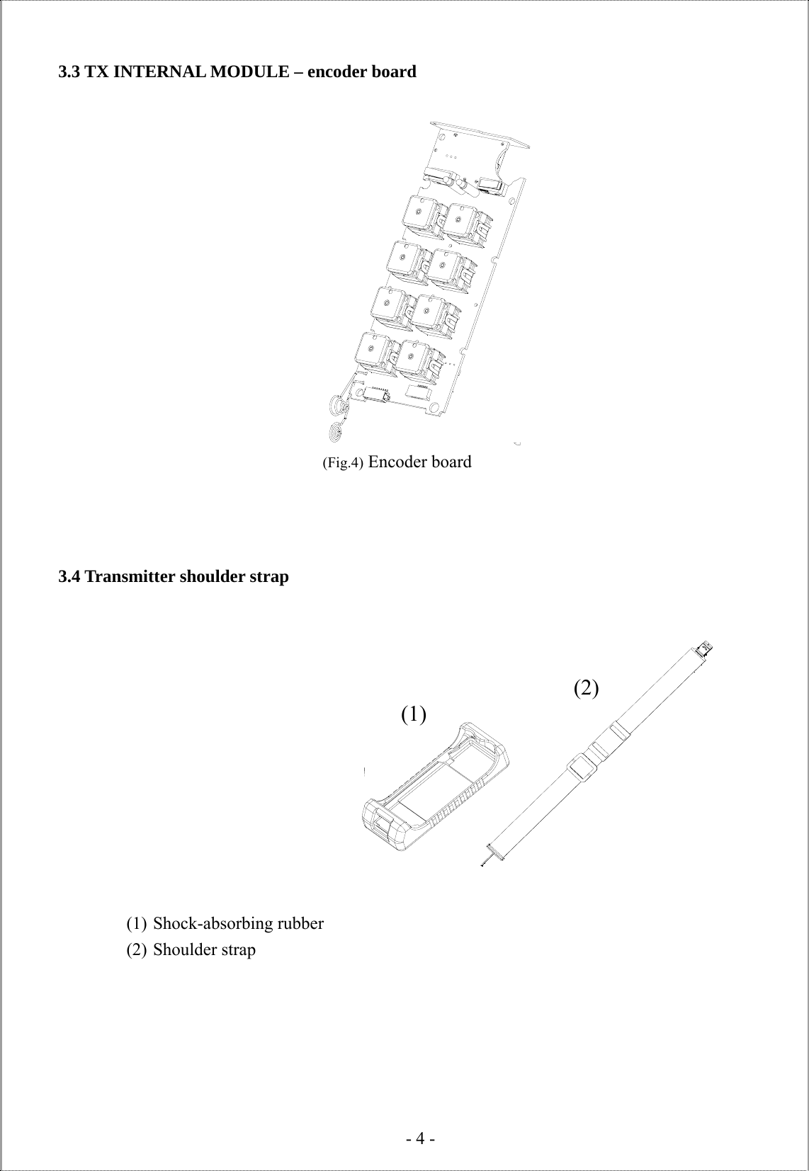   - 4 -  3.3 TX INTERNAL MODULE – encoder board                           3.4 Transmitter shoulder strap                      (1) Shock-absorbing rubber (2) Shoulder strap   (Fig.4) Encoder board (1)(2) 