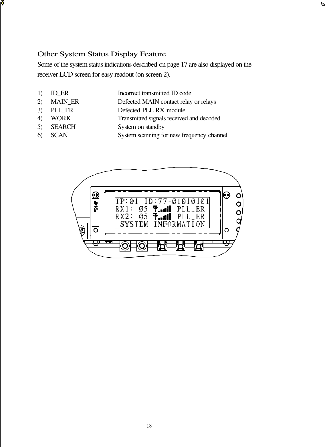   18 YS S1:F5I2:5P:1I:77 -1 1 1 1I    Other System Status Display Feature   Some of the system status indications described on page 17 are also displayed on the receiver LCD screen for easy readout (on screen 2).  1) ID_ER        Incorrect transmitted ID code 2) MAIN_ER     Defected MAIN contact relay or relays   3) PLL_ER        Defected PLL RX module   4) WORK        Transmitted signals received and decoded 5) SEARCH       System on standby 6) SCAN        System scanning for new frequency channel                               