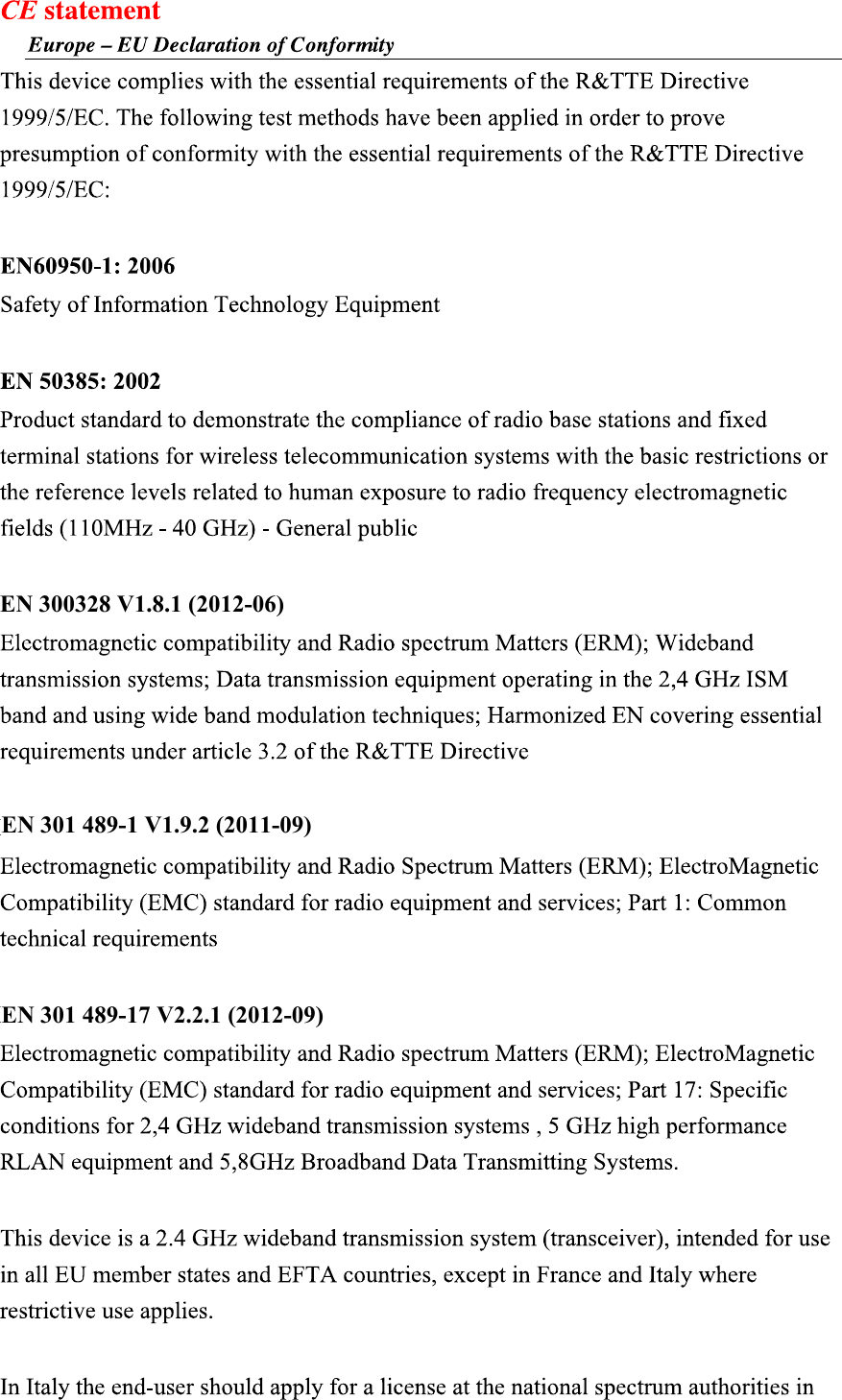 EN 300328 V1.8.1 (2012-06)EN 301 489-1 V1.9.2 (2011-09)EN 301 489-17 V2.2.1 (2012-09)