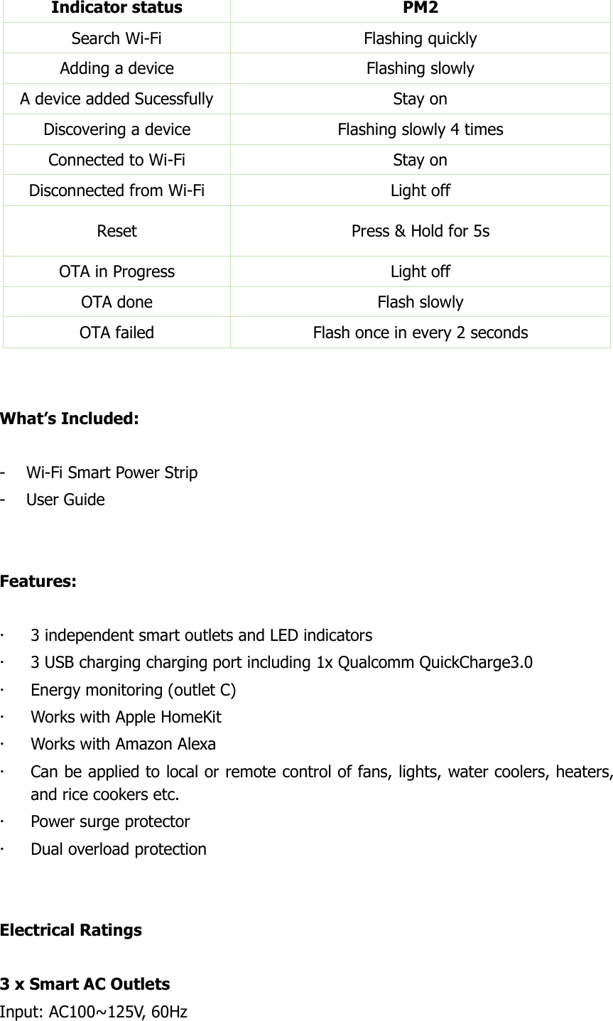  Indicator status  PM2 Search Wi-Fi  Flashing quickly Adding a device  Flashing slowly A device added Sucessfully  Stay on Discovering a device  Flashing slowly 4 times Connected to Wi-Fi  Stay on Disconnected from Wi-Fi  Light off Reset  Press &amp; Hold for 5s OTA in Progress  Light off OTA done  Flash slowly OTA failed  Flash once in every 2 seconds   What’s Included:  - Wi-Fi Smart Power Strip - User Guide   Features:   3 independent smart outlets and LED indicators  3 USB charging charging port including 1x Qualcomm QuickCharge3.0  Energy monitoring (outlet C)  Works with Apple HomeKit  Works with Amazon Alexa  Can be applied to local or remote control of fans, lights, water coolers, heaters, and rice cookers etc.  Power surge protector  Dual overload protection   Electrical Ratings  3 x Smart AC Outlets   Input: AC100~125V, 60Hz 