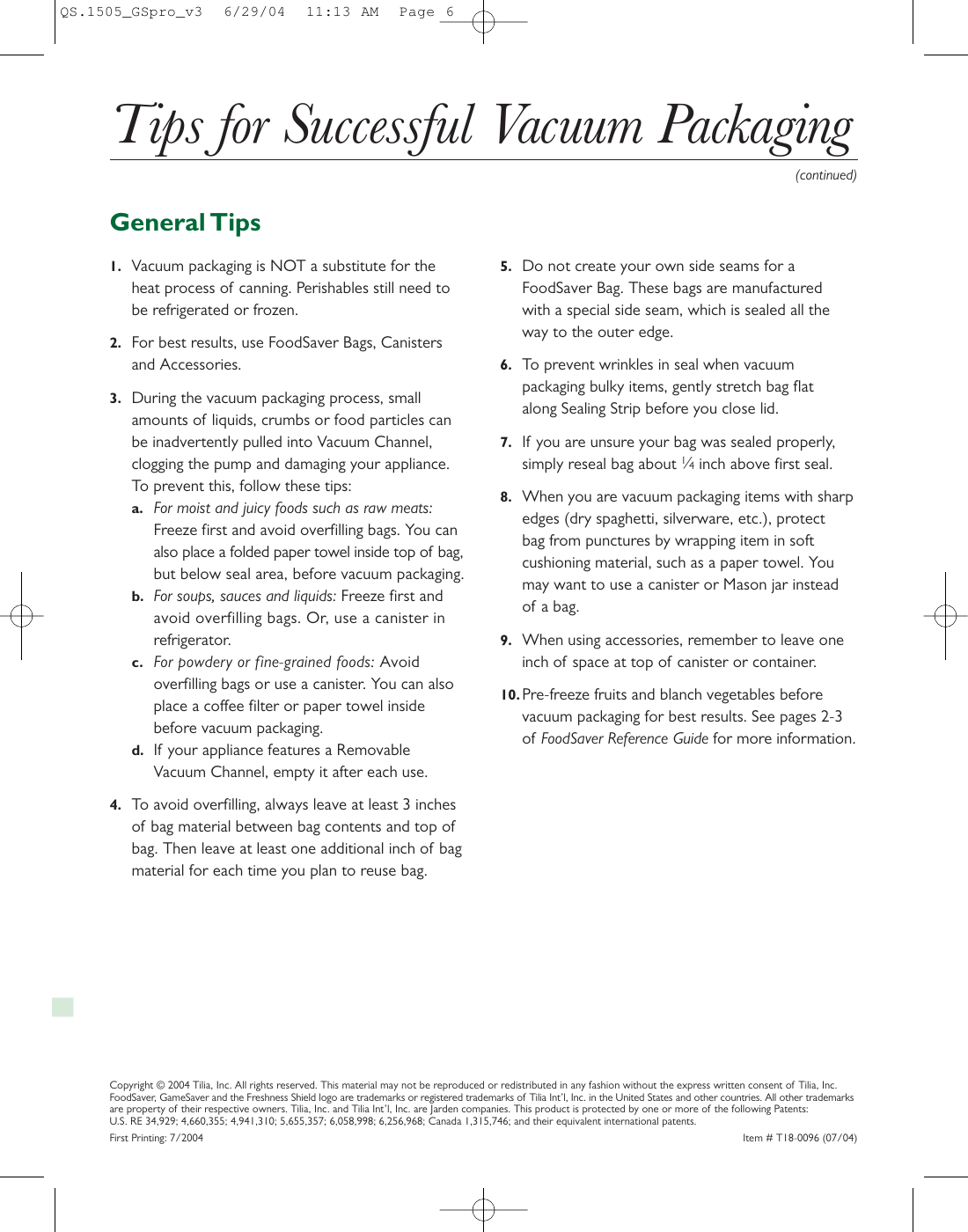 Page 6 of 6 - Food-Saver Food-Saver-Gamesaver-Pro-Users-Manual-  Food-saver-gamesaver-pro-users-manual