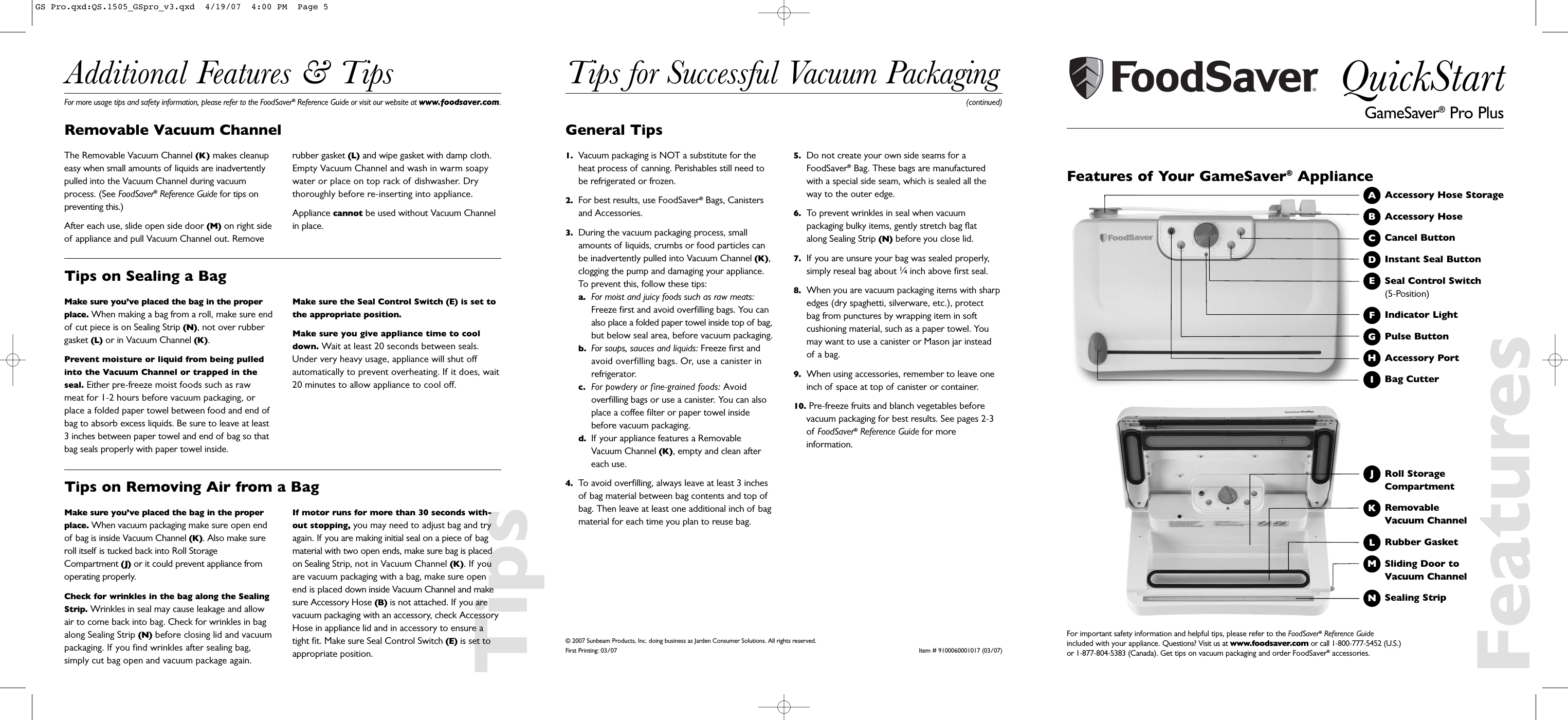 Food Saver T000 00341 Gamesaver Pro Plus Quick Start Guide GS ProQS
