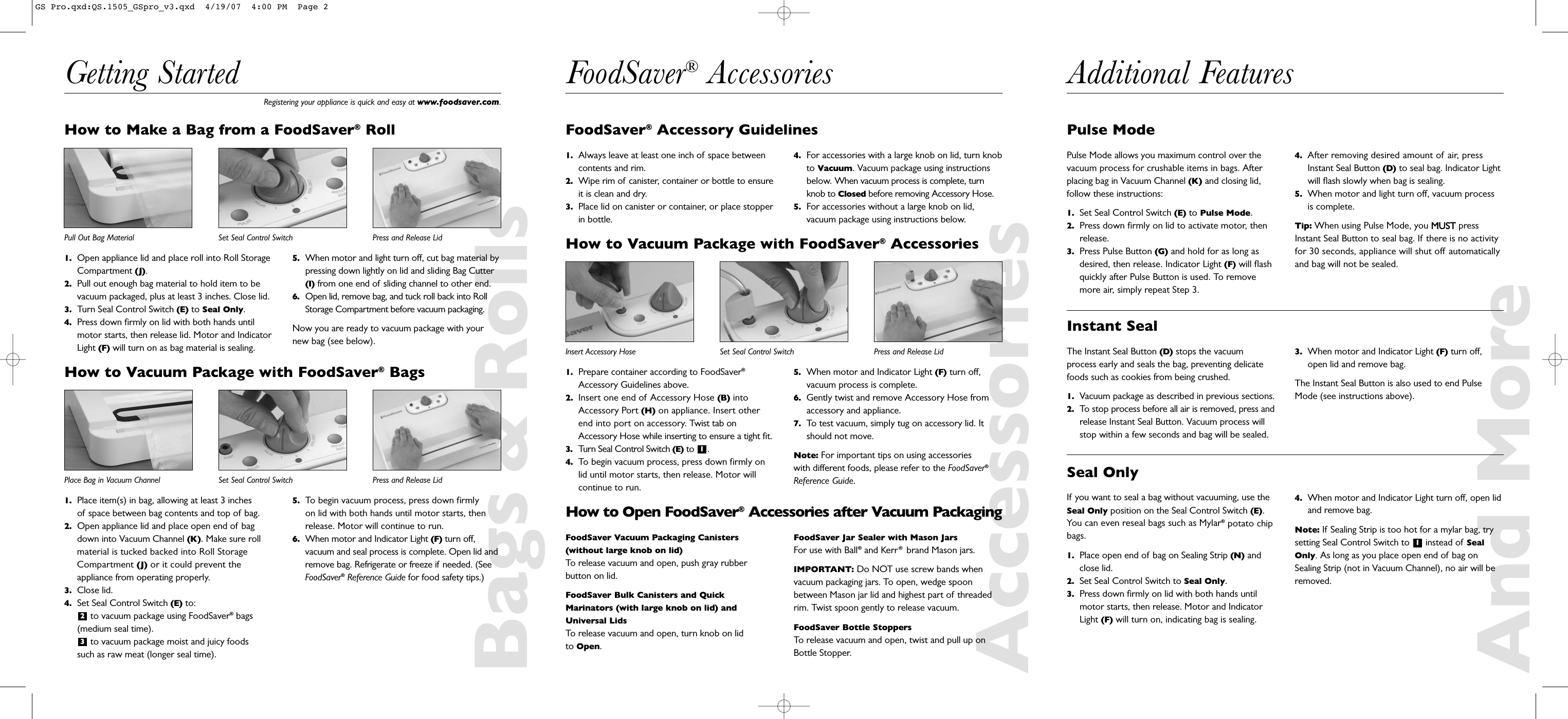 Food Saver T000 00341 Gamesaver Pro Plus Quick Start Guide GS ProQS