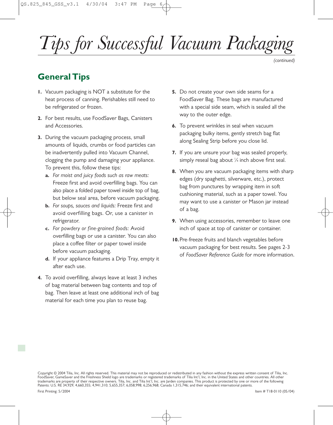 Food Saver V825 Users Manual