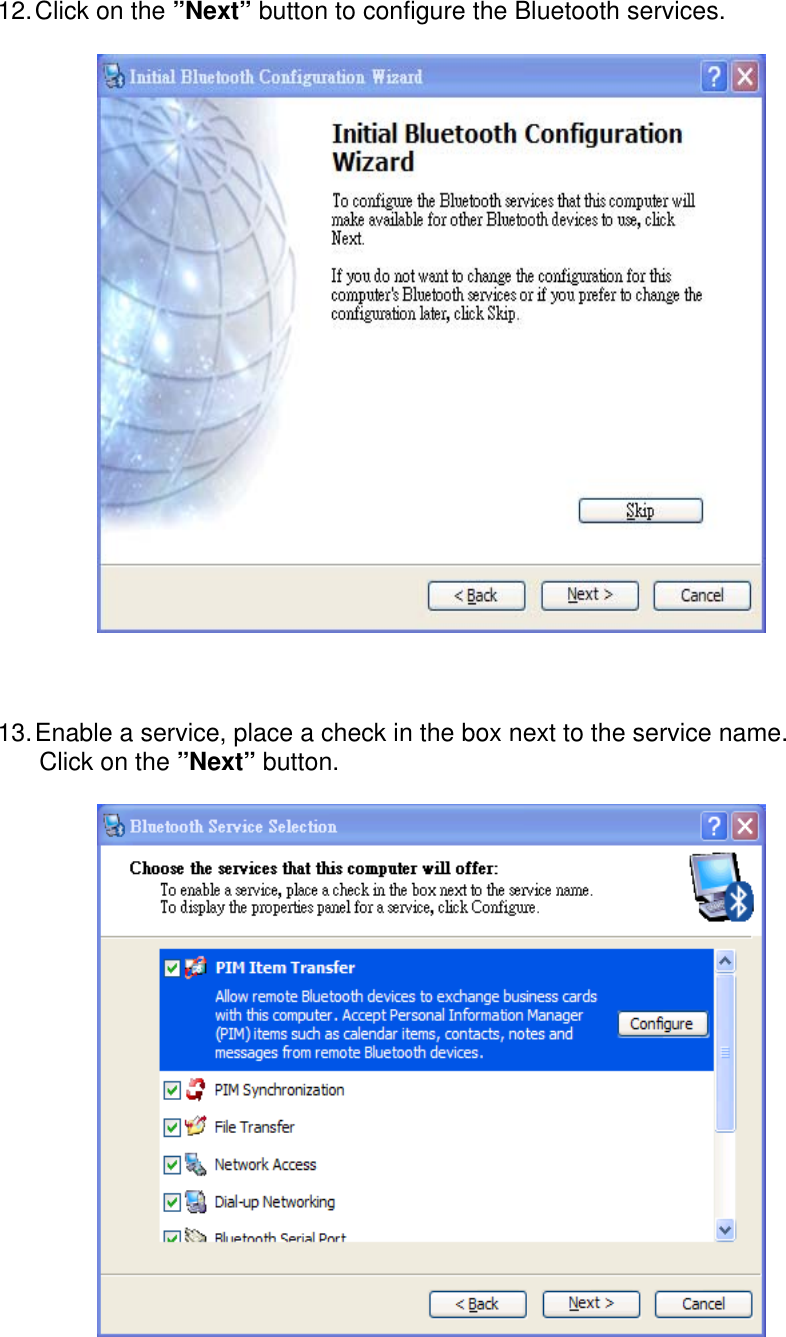  12. Click on the &rdquo;Next&rdquo; button to configure the Bluetooth services.      13. Enable a service, place a check in the box next to the service name.       Click on the &rdquo;Next&rdquo; button.    