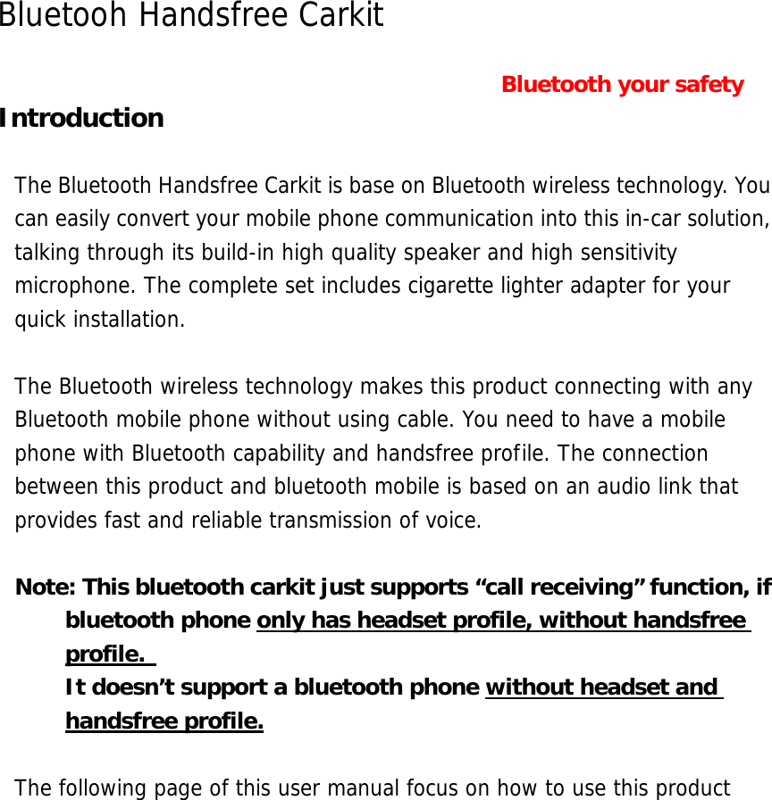 Formosa Teletek BT118FTT02 Bluetooth Carkit User Manual