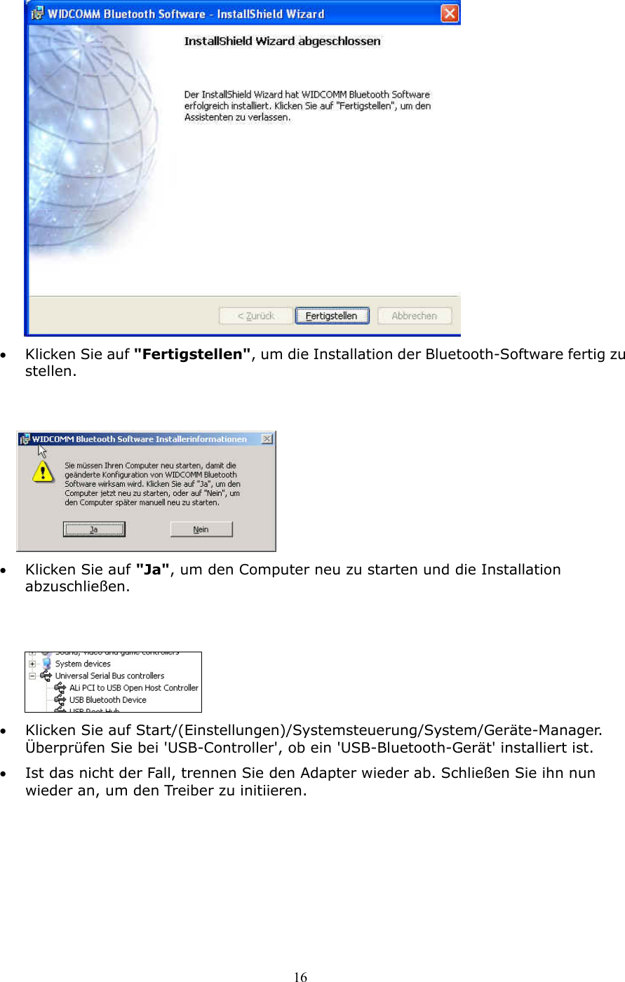 16  &bull;  Klicken Sie auf "Fertigstellen", um die Installation der Bluetooth-Software fertig zu stellen.    &bull;  Klicken Sie auf "Ja", um den Computer neu zu starten und die Installation abzuschlie&szlig;en.    &bull;  Klicken Sie auf Start/(Einstellungen)/Systemsteuerung/System/Ger&auml;te-Manager. &Uuml;berpr&uuml;fen Sie bei 'USB-Controller', ob ein 'USB-Bluetooth-Ger&auml;t' installiert ist. &bull;  Ist das nicht der Fall, trennen Sie den Adapter wieder ab. Schlie&szlig;en Sie ihn nun wieder an, um den Treiber zu initiieren. 