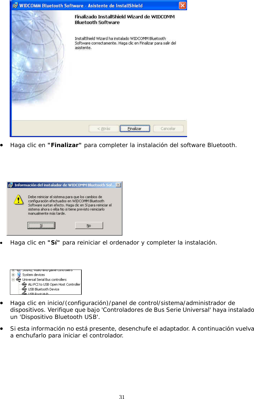 31  &bull;  Haga clic en "Finalizar" para completer la instalaci&oacute;n del software Bluetooth.     &bull;  Haga clic en "S&iacute;" para reiniciar el ordenador y completer la instalaci&oacute;n.    &bull;  Haga clic en inicio/(configuraci&oacute;n)/panel de control/sistema/administrador de dispositivos. Verifique que bajo 'Controladores de Bus Serie Universal' haya instalado un 'Dispositivo Bluetooth USB'. &bull;  Si esta informaci&oacute;n no est&aacute; presente, desenchufe el adaptador. A continuaci&oacute;n vuelva a enchufarlo para iniciar el controlador. 