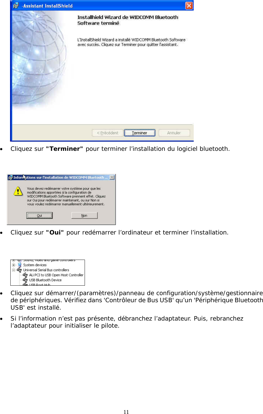 11  &bull;  Cliquez sur "Terminer" pour terminer l&rsquo;installation du logiciel bluetooth.    &bull;  Cliquez sur "Oui" pour red&eacute;marrer l&rsquo;ordinateur et terminer l&rsquo;installation.    &bull;  Cliquez sur d&eacute;marrer/(param&egrave;tres)/panneau de configuration/syst&egrave;me/gestionnaire de p&eacute;riph&eacute;riques. V&eacute;rifiez dans 'Contr&ocirc;leur de Bus USB' qu&rsquo;un 'P&eacute;riph&eacute;rique Bluetooth USB' est install&eacute;. &bull;  Si l&rsquo;information n&rsquo;est pas pr&eacute;sente, d&eacute;branchez l&rsquo;adaptateur. Puis, rebranchez l&rsquo;adaptateur pour initialiser le pilote. 