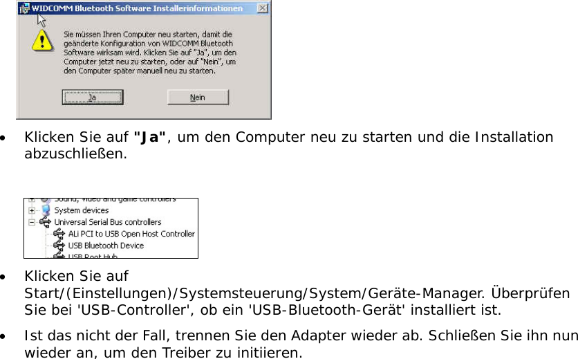  &bull;  Klicken Sie auf "Ja", um den Computer neu zu starten und die Installation abzuschlie&szlig;en.   &bull;  Klicken Sie auf Start/(Einstellungen)/Systemsteuerung/System/Ger&auml;te-Manager. &Uuml;berpr&uuml;fen Sie bei 'USB-Controller', ob ein 'USB-Bluetooth-Ger&auml;t' installiert ist. &bull;  Ist das nicht der Fall, trennen Sie den Adapter wieder ab. Schlie&szlig;en Sie ihn nun wieder an, um den Treiber zu initiieren. 
