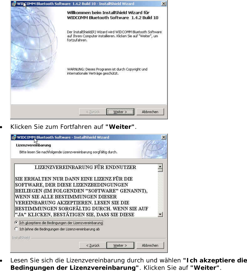  &bull;  Klicken Sie zum Fortfahren auf "Weiter".  &bull;  Lesen Sie sich die Lizenzvereinbarung durch und w&auml;hlen "Ich akzeptiere die Bedingungen der Lizenzvereinbarung". Klicken Sie auf "Weiter".  