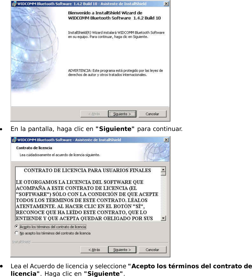  &bull;  En la pantalla, haga clic en "Siguiente" para continuar.  &bull;  Lea el Acuerdo de licencia y seleccione "Acepto los t&eacute;rminos del contrato de licencia". Haga clic en "Siguiente".  