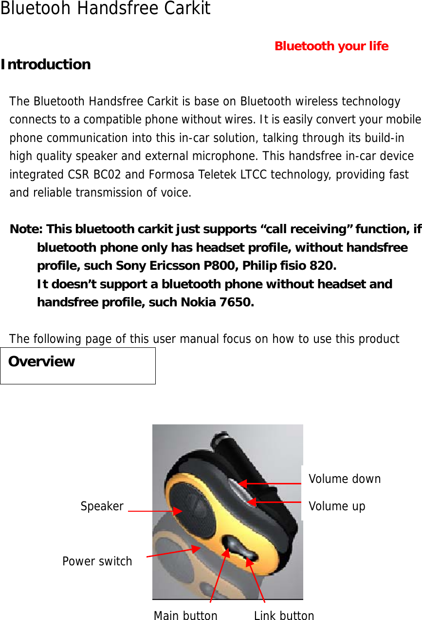 Formosa Teletek BTHC01 Bluetooth CarKit User Manual User guide