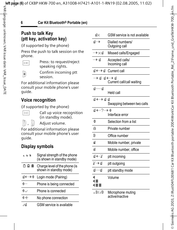 &copy; Siemens AG 2003, Z:\Rust\04FL00681 Car Kit Bluetooth portable 2004\Work\Car Kit Bluetooth Portable_Rel_2\Frame_und_Grafik\HKW-700_en.fmleft page (6) of CKBP HKW-700 en, A31008-H7421-A101-1-RN19 (02.08.2005, 11:02)Car Kit Bluetooth&reg; Portable (en)6VAR Language: unknown; VAR issue date: VAR_Issue_DATEPush to talk Key(ptt key, activation key)(if supported by the phone)Press the push to talk session on the phone.cPress: to request/reject speaking rights.fConfirm incoming ptt session. For additional information please consult your mobile phone's user guide.Voice recognition(if supported by the phone)aCall up voice recognition (in standby mode).g, hAdjust volume. For additional information please consult your mobile phone's user guide.Display symbolsAB3  Signal strength of the phone (is shown in standby mode)FHJ  Charge level of the phone (is shown in standby mode)j< X ># Login mode (Pairing) # X  Phone is being connected # L Phone is connected# '  No phone connectionMj  GSM service is available    j O  GSM service is not availablej X > Dialled numbers/Outgoing call X > O j Missed calls/Engaged X > j Accepted calls/Incoming call j < X >j Current call Current call/call waitingHeld callSwapping between two calls Interface error =  Selection from a list o Private number \ Office number n Mobile number, private m Mobile number, office j < Y l ptt incominglY>j ptt outgoingj YXj  ptt standby modeppqpqq VolumeP\/M\ Microphone muting active/inactiveX > j     j < X > j j X X j j < X > j   j j < X ? X > # 