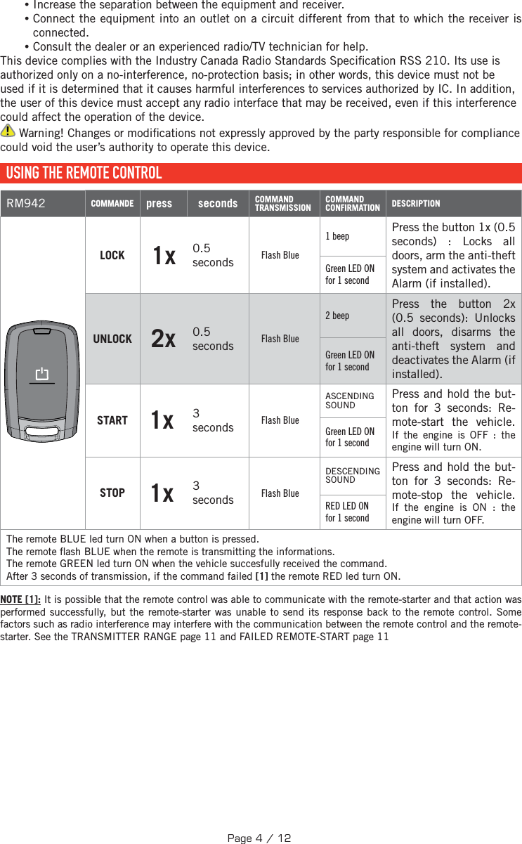  •Increase the separation between the equipment and receiver. •Connect the equipment into an outlet on a circuit different from that to which the receiver is connected. •Consult the dealer or an experienced radio/TV technician for help.This device complies with the Industry Canada Radio Standards Speci cation RSS 210. Its use is authorized only on a no-interference, no-protection basis; in other words, this device must not be used if it is determined that it causes harmful interferences to services authorized by IC. In addition, the user of this device must accept any radio interface that may be received, even if this interference could affect the operation of the device. Warning! Changes or modi cations not expressly approved by the party responsible for compliance could void the user’s authority to operate this device.  USING THE REMOTE CONTROL RM942 COMMANDE press seconds COMMAND TRANSMISSIONCOMMAND CONFIRMATION DESCRIPTIONLOCK 1x 0.5seconds Flash Blue1 beep Press the button 1x (0.5 seconds) : Locks all doors, arm the anti-theft system and activates the Alarm (if installed).Green LED ON for 1 secondUNLOCK 2x  0.5seconds Flash Blue2 beepPress the button 2x (0.5 seconds): Unlocks all doors, disarms the anti-theft system and deactivates the Alarm (if installed).Green LED ON for 1 secondSTART 1x 3seconds Flash BlueASCENDING SOUNDPress and hold the but-ton for 3 seconds: Re-mote-start the vehicle. If the engine is OFF : the engine will turn ON.Green LED ON for 1 secondSTOP 1x 3seconds Flash BlueDESCENDING SOUNDPress and hold the but-ton for 3 seconds: Re-mote-stop the vehicle. If the engine is ON : the engine will turn OFF.RED LED ON for 1 secondThe remote BLUE led turn ON when a button is pressed.The remote  ash BLUE when the remote is transmitting the informations. The remote GREEN led turn ON when the vehicle succesfully received the command.After 3 seconds of transmission, if the command failed [1] the remote RED led turn ON.NOTE [1]: It is possible that the remote control was able to communicate with the remote-starter and that action was performed successfully, but the remote-starter was unable to send its response back to the remote control. Some factors such as radio interference may interfere with the communication between the remote control and the remote-starter. See the TRANSMITTER RANGE page 11 and FAILED REMOTE-START page 11Page 4 / 12