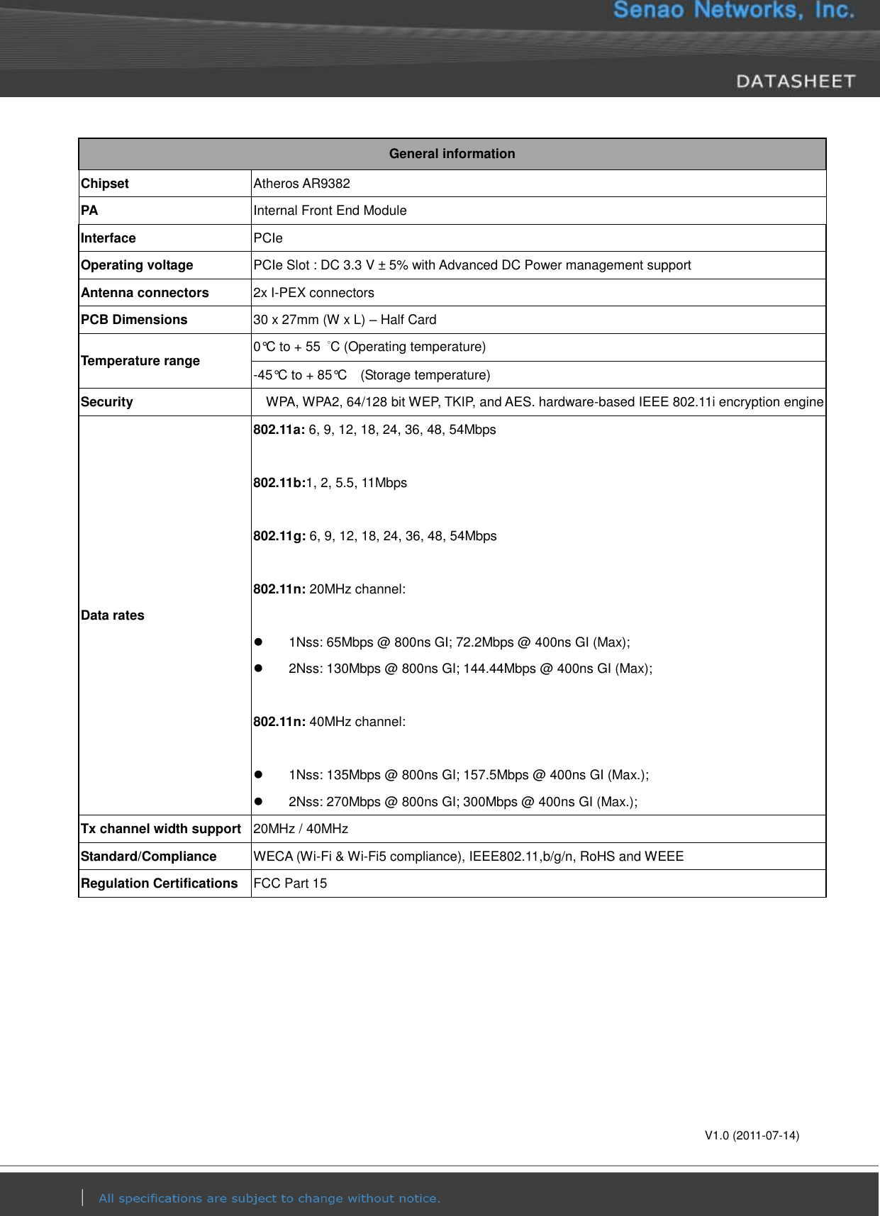       V1.0 (2011-07-14) General information Chipset Atheros AR9382 PA Internal Front End Module Interface PCIe   Operating voltage PCIe Slot : DC 3.3 V ± 5% with Advanced DC Power management support   Antenna connectors 2x I-PEX connectors   PCB Dimensions 30 x 27mm (W x L) – Half Card Temperature range 0°C to + 55 °C (Operating temperature)   -45°C to + 85°C    (Storage temperature)   Security WPA, WPA2, 64/128 bit WEP, TKIP, and AES. hardware-based IEEE 802.11i encryption engine   Data rates 802.11a: 6, 9, 12, 18, 24, 36, 48, 54Mbps  802.11b:1, 2, 5.5, 11Mbps  802.11g: 6, 9, 12, 18, 24, 36, 48, 54Mbps  802.11n: 20MHz channel:    1Nss: 65Mbps @ 800ns GI; 72.2Mbps @ 400ns GI (Max);   2Nss: 130Mbps @ 800ns GI; 144.44Mbps @ 400ns GI (Max);  802.11n: 40MHz channel:    1Nss: 135Mbps @ 800ns GI; 157.5Mbps @ 400ns GI (Max.);   2Nss: 270Mbps @ 800ns GI; 300Mbps @ 400ns GI (Max.); Tx channel width support 20MHz / 40MHz Standard/Compliance WECA (Wi-Fi &amp; Wi-Fi5 compliance), IEEE802.11,b/g/n, RoHS and WEEE   Regulation Certifications FCC Part 15   