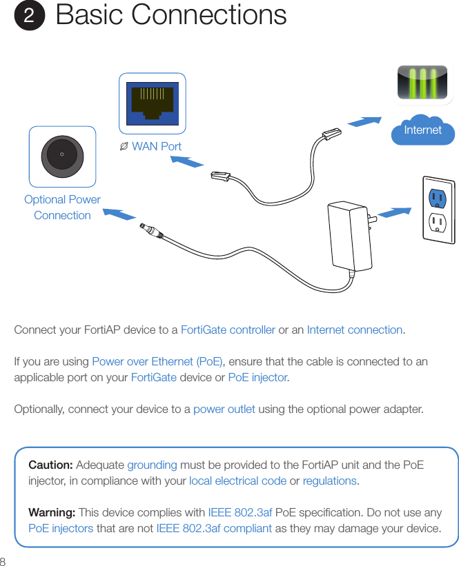 8Basic Connections2Connect your FortiAP device to a FortiGate controller or an Internet connection.If you are using Power over Ethernet (PoE), ensure that the cable is connected to an applicable port on your FortiGate device or PoE injector.Optionally, connect your device to a power outlet using the optional power adapter.Caution: Adequate grounding must be provided to the FortiAP unit and the PoE injector, in compliance with your local electrical code or regulations.Warning: This device complies with IEEE 802.3af PoE speciﬁcation. Do not use anyPoE injectors that are not IEEE 802.3af compliant as they may damage your device.Optional PowerConnectionWAN PortInternet