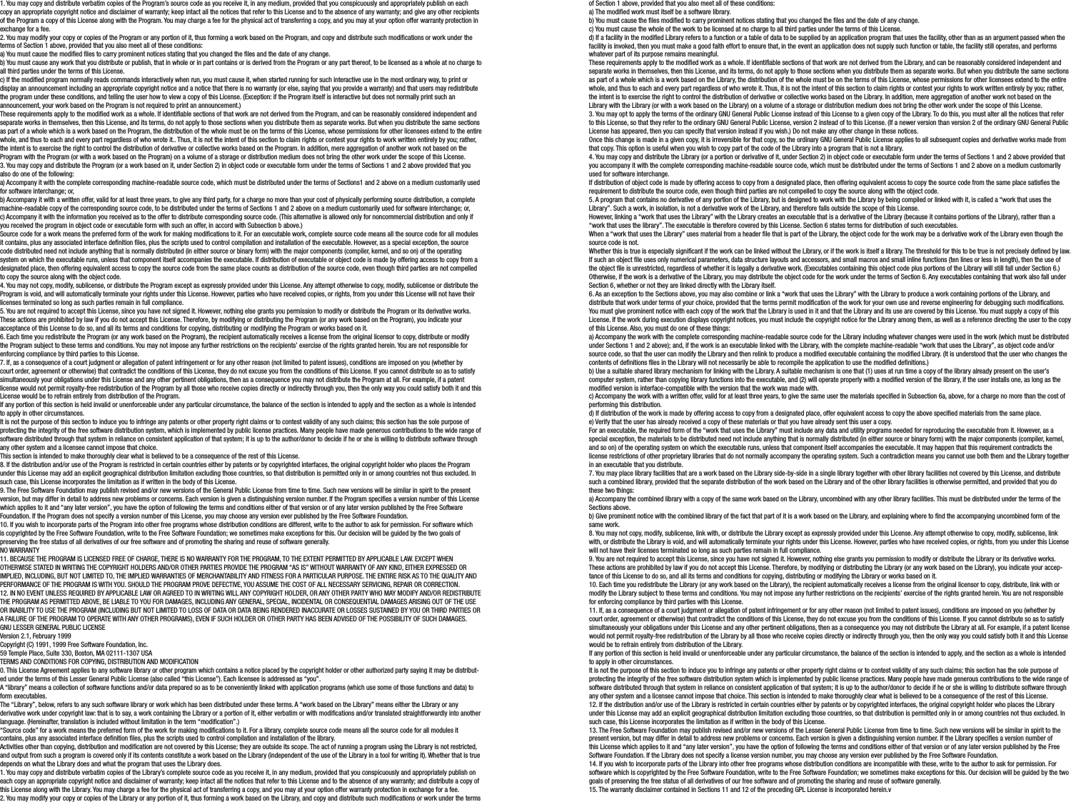 1. You may copy and distribute verbatim copies of the Program’s source code as you receive it, in any medium, provided that you conspicuously and appropriately publish on each copy an appropriate copyright notice and disclaimer of warranty; keep intact all the notices that refer to this License and to the absence of any warranty; and give any other recipients of the Program a copy of this License along with the Program. You may charge a fee for the physical act of transferring a copy, and you may at your option offer warranty protection in exchange for a fee.2. You may modify your copy or copies of the Program or any portion of it, thus forming a work based on the Program, and copy and distribute such modications or work under the terms of Section 1 above, provided that you also meet all of these conditions:a) You must cause the modied les to carry prominent notices stating that you changed the les and the date of any change.b) You must cause any work that you distribute or publish, that in whole or in part contains or is derived from the Program or any part thereof, to be licensed as a whole at no charge to all third parties under the terms of this License.c) If the modied program normally reads commands interactively when run, you must cause it, when started running for such interactive use in the most ordinary way, to print or display an announcement including an appropriate copyright notice and a notice that there is no warranty (or else, saying that you provide a warranty) and that users may redistribute the program under these conditions, and telling the user how to view a copy of this License. (Exception: if the Program itself is interactive but does not normally print such an announcement, your work based on the Program is not required to print an announcement.)These requirements apply to the modied work as a whole. If identiable sections of that work are not derived from the Program, and can be reasonably considered independent and separate works in themselves, then this License, and its terms, do not apply to those sections when you distribute them as separate works. But when you distribute the same sections as part of a whole which is a work based on the Program, the distribution of the whole must be on the terms of this License, whose permissions for other licensees extend to the entire whole, and thus to each and every part regardless of who wrote it.. Thus, it is not the intent of this section to claim rights or contest your rights to work written entirely by you; rather, the intent is to exercise the right to control the distribution of derivative or collective works based on the Program. In addition, mere aggregation of another work not based on the Program with the Program (or with a work based on the Program) on a volume of a storage or distribution medium does not bring the other work under the scope of this License.3. You may copy and distribute the Program (or a work based on it, under Section 2) in object code or executable form under the terms of Sections 1 and 2 above provided that you also do one of the following:a) Accompany it with the complete corresponding machine-readable source code, which must be distributed under the terms of Sections1 and 2 above on a medium customarily used for software interchange; or,b) Accompany it with a written offer, valid for at least three years, to give any third party, for a charge no more than your cost of physically performing source distribution, a complete machine-readable copy of the corresponding source code, to be distributed under the terms of Sections 1 and 2 above on a medium customarily used for software interchange; or,c) Accompany it with the information you received as to the offer to distribute corresponding source code. (This alternative is allowed only for noncommercial distribution and only if you received the program in object code or executable form with such an offer, in accord with Subsection b above.)Source code for a work means the preferred form of the work for making modications to it. For an executable work, complete source code means all the source code for all modules it contains, plus any associated interface denition les, plus the scripts used to control compilation and installation of the executable. However, as a special exception, the source code distributed need not include anything that is normally distributed (in either source or binary form) with the major components (compiler, kernel, and so on) of the operating system on which the executable runs, unless that component itself accompanies the executable. If distribution of executable or object code is made by offering access to copy from a designated place, then offering equivalent access to copy the source code from the same place counts as distribution of the source code, even though third parties are not compelled to copy the source along with the object code.4. You may not copy, modify, sublicense, or distribute the Program except as expressly provided under this License. Any attempt otherwise to copy, modify, sublicense or distribute the Program is void, and will automatically terminate your rights under this License. However, parties who have received copies, or rights, from you under this License will not have their licenses terminated so long as such parties remain in full compliance.5. You are not required to accept this License, since you have not signed it. However, nothing else grants you permission to modify or distribute the Program or its derivative works. These actions are prohibited by law if you do not accept this License. Therefore, by modifying or distributing the Program (or any work based on the Program), you indicate your acceptance of this License to do so, and all its terms and conditions for copying, distributing or modifying the Program or works based on it.6. Each time you redistribute the Program (or any work based on the Program), the recipient automatically receives a license from the original licensor to copy, distribute or modify the Program subject to these terms and conditions. You may not impose any further restrictions on the recipients’ exercise of the rights granted herein. You are not responsible for enforcing compliance by third parties to this License.7. If, as a consequence of a court judgment or allegation of patent infringement or for any other reason (not limited to patent issues), conditions are imposed on you (whether by court order, agreement or otherwise) that contradict the conditions of this License, they do not excuse you from the conditions of this License. If you cannot distribute so as to satisfy simultaneously your obligations under this License and any other pertinent obligations, then as a consequence you may not distribute the Program at all. For example, if a patent license would not permit royalty-free redistribution of the Program by all those who receive copies directly or indirectly through you, then the only way you could satisfy both it and this License would be to refrain entirely from distribution of the Program.If any portion of this section is held invalid or unenforceable under any particular circumstance, the balance of the section is intended to apply and the section as a whole is intended to apply in other circumstances.It is not the purpose of this section to induce you to infringe any patents or other property right claims or to contest validity of any such claims; this section has the sole purpose of protecting the integrity of the free software distribution system, which is implemented by public license practices. Many people have made generous contributions to the wide range of software distributed through that system in reliance on consistent application of that system; it is up to the author/donor to decide if he or she is willing to distribute software through any other system and a licensee cannot impose that choice.This section is intended to make thoroughly clear what is believed to be a consequence of the rest of this License.8. If the distribution and/or use of the Program is restricted in certain countries either by patents or by copyrighted interfaces, the original copyright holder who places the Program under this License may add an explicit geographical distribution limitation excluding those countries, so that distribution is permitted only in or among countries not thus excluded. In such case, this License incorporates the limitation as if written in the body of this License.9. The Free Software Foundation may publish revised and/or new versions of the General Public License from time to time. Such new versions will be similar in spirit to the present version, but may differ in detail to address new problems or concerns. Each version is given a distinguishing version number. If the Program species a version number of this License which applies to it and “any later version”, you have the option of following the terms and conditions either of that version or of any later version published by the Free Software Foundation. If the Program does not specify a version number of this License, you may choose any version ever published by the Free Software Foundation.10. If you wish to incorporate parts of the Program into other free programs whose distribution conditions are different, write to the author to ask for permission. For software which is copyrighted by the Free Software Foundation, write to the Free Software Foundation; we sometimes make exceptions for this. Our decision will be guided by the two goals of preserving the free status of all derivatives of our free software and of promoting the sharing and reuse of software generally.NO WARRANTY11. BECAUSE THE PROGRAM IS LICENSED FREE OF CHARGE, THERE IS NO WARRANTY FOR THE PROGRAM, TO THE EXTENT PERMITTED BY APPLICABLE LAW. EXCEPT WHEN OTHERWISE STATED IN WRITING THE COPYRIGHT HOLDERS AND/OR OTHER PARTIES PROVIDE THE PROGRAM “AS IS” WITHOUT WARRANTY OF ANY KIND, EITHER EXPRESSED OR IMPLIED, INCLUDING, BUT NOT LIMITED TO, THE IMPLIED WARRANTIES OF MERCHANTABILITY AND FITNESS FOR A PARTICULAR PURPOSE. THE ENTIRE RISK AS TO THE QUALITY AND PERFORMANCE OF THE PROGRAM IS WITH YOU. SHOULD THE PROGRAM PROVE DEFECTIVE, YOU ASSUME THE COST OF ALL NECESSARY SERVICING, REPAIR OR CORRECTION.12. IN NO EVENT UNLESS REQUIRED BY APPLICABLE LAW OR AGREED TO IN WRITING WILL ANY COPYRIGHT HOLDER, OR ANY OTHER PARTY WHO MAY MODIFY AND/OR REDISTRIBUTE THE PROGRAM AS PERMITTED ABOVE, BE LIABLE TO YOU FOR DAMAGES, INCLUDING ANY GENERAL, SPECIAL, INCIDENTAL OR CONSEQUENTIAL DAMAGES ARISING OUT OF THE USE OR INABILITY TO USE THE PROGRAM (INCLUDING BUT NOT LIMITED TO LOSS OF DATA OR DATA BEING RENDERED INACCURATE OR LOSSES SUSTAINED BY YOU OR THIRD PARTIES OR A FAILURE OF THE PROGRAM TO OPERATE WITH ANY OTHER PROGRAMS), EVEN IF SUCH HOLDER OR OTHER PARTY HAS BEEN ADVISED OF THE POSSIBILITY OF SUCH DAMAGES.GNU LESSER GENERAL PUBLIC LICENSEVersion 2.1, February 1999Copyright (C) 1991, 1999 Free Software Foundation, Inc.59 Temple Place, Suite 330, Boston, MA 02111-1307 USATERMS AND CONDITIONS FOR COPYING, DISTRIBUTION AND MODIFICATION0. This License Agreement applies to any software library or other program which contains a notice placed by the copyright holder or other authorized party saying it may be distribut-ed under the terms of this Lesser General Public License (also called “this License”). Each licensee is addressed as “you”.A “library” means a collection of software functions and/or data prepared so as to be conveniently linked with application programs (which use some of those functions and data) to form executables.The “Library”, below, refers to any such software library or work which has been distributed under these terms. A “work based on the Library” means either the Library or any derivative work under copyright law: that is to say, a work containing the Library or a portion of it, either verbatim or with modications and/or translated straightforwardly into another language. (Hereinafter, translation is included without limitation in the term “modication”.)“Source code” for a work means the preferred form of the work for making modications to it. For a library, complete source code means all the source code for all modules it contains, plus any associated interface denition les, plus the scripts used to control compilation and installation of the library.Activities other than copying, distribution and modication are not covered by this License; they are outside its scope. The act of running a program using the Library is not restricted, and output from such a program is covered only if its contents constitute a work based on the Library (independent of the use of the Library in a tool for writing it). Whether that is true depends on what the Library does and what the program that uses the Library does.1. You may copy and distribute verbatim copies of the Library’s complete source code as you receive it, in any medium, provided that you conspicuously and appropriately publish on each copy an appropriate copyright notice and disclaimer of warranty; keep intact all the notices that refer to this License and to the absence of any warranty; and distribute a copy of this License along with the Library. You may charge a fee for the physical act of transferring a copy, and you may at your option offer warranty protection in exchange for a fee.2. You may modify your copy or copies of the Library or any portion of it, thus forming a work based on the Library, and copy and distribute such modications or work under the terms of Section 1 above, provided that you also meet all of these conditions:a) The modied work must itself be a software library.b) You must cause the les modied to carry prominent notices stating that you changed the les and the date of any change.c) You must cause the whole of the work to be licensed at no charge to all third parties under the terms of this License.d) If a facility in the modied Library refers to a function or a table of data to be supplied by an application program that uses the facility, other than as an argument passed when the facility is invoked, then you must make a good faith effort to ensure that, in the event an application does not supply such function or table, the facility still operates, and performs whatever part of its purpose remains meaningful.These requirements apply to the modied work as a whole. If identiable sections of that work are not derived from the Library, and can be reasonably considered independent and separate works in themselves, then this License, and its terms, do not apply to those sections when you distribute them as separate works. But when you distribute the same sections as part of a whole which is a work based on the Library, the distribution of the whole must be on the terms of this License, whose permissions for other licensees extend to the entire whole, and thus to each and every part regardless of who wrote it. Thus, it is not the intent of this section to claim rights or contest your rights to work written entirely by you; rather, the intent is to exercise the right to control the distribution of derivative or collective works based on the Library. In addition, mere aggregation of another work not based on the Library with the Library (or with a work based on the Library) on a volume of a storage or distribution medium does not bring the other work under the scope of this License.3. You may opt to apply the terms of the ordinary GNU General Public License instead of this License to a given copy of the Library. To do this, you must alter all the notices that refer to this License, so that they refer to the ordinary GNU General Public License, version 2 instead of to this License. (If a newer version than version 2 of the ordinary GNU General Public License has appeared, then you can specify that version instead if you wish.) Do not make any other change in these notices.Once this change is made in a given copy, it is irreversible for that copy, so the ordinary GNU General Public License applies to all subsequent copies and derivative works made from that copy. This option is useful when you wish to copy part of the code of the Library into a program that is not a library.4. You may copy and distribute the Library (or a portion or derivative of it, under Section 2) in object code or executable form under the terms of Sections 1 and 2 above provided that you accompany it with the complete corresponding machine-readable source code, which must be distributed under the terms of Sections 1 and 2 above on a medium customarily used for software interchange.If distribution of object code is made by offering access to copy from a designated place, then offering equivalent access to copy the source code from the same place satises the requirement to distribute the source code, even though third parties are not compelled to copy the source along with the object code.5. A program that contains no derivative of any portion of the Library, but is designed to work with the Library by being compiled or linked with it, is called a “work that uses the Library”. Such a work, in isolation, is not a derivative work of the Library, and therefore falls outside the scope of this License.However, linking a “work that uses the Library” with the Library creates an executable that is a derivative of the Library (because it contains portions of the Library), rather than a “work that uses the library”. The executable is therefore covered by this License. Section 6 states terms for distribution of such executables.When a “work that uses the Library” uses material from a header le that is part of the Library, the object code for the work may be a derivative work of the Library even though the source code is not.Whether this is true is especially signicant if the work can be linked without the Library, or if the work is itself a library. The threshold for this to be true is not precisely dened by law.If such an object le uses only numerical parameters, data structure layouts and accessors, and small macros and small inline functions (ten lines or less in length), then the use of the object le is unrestricted, regardless of whether it is legally a derivative work. (Executables containing this object code plus portions of the Library will still fall under Section 6.) Otherwise, if the work is a derivative of the Library, you may distribute the object code for the work under the terms of Section 6. Any executables containing that work also fall under Section 6, whether or not they are linked directly with the Library itself.6. As an exception to the Sections above, you may also combine or link a “work that uses the Library” with the Library to produce a work containing portions of the Library, and distribute that work under terms of your choice, provided that the terms permit modication of the work for your own use and reverse engineering for debugging such modications. You must give prominent notice with each copy of the work that the Library is used in it and that the Library and its use are covered by this License. You must supply a copy of this License. If the work during execution displays copyright notices, you must include the copyright notice for the Library among them, as well as a reference directing the user to the copy of this License. Also, you must do one of these things:a) Accompany the work with the complete corresponding machine-readable source code for the Library including whatever changes were used in the work (which must be distributed under Sections 1 and 2 above); and, if the work is an executable linked with the Library, with the complete machine-readable “work that uses the Library”, as object code and/or source code, so that the user can modify the Library and then relink to produce a modied executable containing the modied Library. (It is understood that the user who changes the contents of denitions les in the Library will not necessarily be able to recompile the application to use the modied denitions.)b) Use a suitable shared library mechanism for linking with the Library. A suitable mechanism is one that (1) uses at run time a copy of the library already present on the user’s computer system, rather than copying library functions into the executable, and (2) will operate properly with a modied version of the library, if the user installs one, as long as the modied version is interface-compatible with the version that the work was made with.c) Accompany the work with a written offer, valid for at least three years, to give the same user the materials specied in Subsection 6a, above, for a charge no more than the cost of performing this distribution.d) If distribution of the work is made by offering access to copy from a designated place, offer equivalent access to copy the above specied materials from the same place.e) Verify that the user has already received a copy of these materials or that you have already sent this user a copy.For an executable, the required form of the “work that uses the Library” must include any data and utility programs needed for reproducing the executable from it. However, as a special exception, the materials to be distributed need not include anything that is normally distributed (in either source or binary form) with the major components (compiler, kernel, and so on) of the operating system on which the executable runs, unless that component itself accompanies the executable. It may happen that this requirement contradicts the license restrictions of other proprietary libraries that do not normally accompany the operating system. Such a contradiction means you cannot use both them and the Library together in an executable that you distribute.7. You may place library facilities that are a work based on the Library side-by-side in a single library together with other library facilities not covered by this License, and distribute such a combined library, provided that the separate distribution of the work based on the Library and of the other library facilities is otherwise permitted, and provided that you do these two things:a) Accompany the combined library with a copy of the same work based on the Library, uncombined with any other library facilities. This must be distributed under the terms of the Sections above.b) Give prominent notice with the combined library of the fact that part of it is a work based on the Library, and explaining where to nd the accompanying uncombined form of the same work.8. You may not copy, modify, sublicense, link with, or distribute the Library except as expressly provided under this License. Any attempt otherwise to copy, modify, sublicense, link with, or distribute the Library is void, and will automatically terminate your rights under this License. However, parties who have received copies, or rights, from you under this License will not have their licenses terminated so long as such parties remain in full compliance.9. You are not required to accept this License, since you have not signed it. However, nothing else grants you permission to modify or distribute the Library or its derivative works. These actions are prohibited by law if you do not accept this License. Therefore, by modifying or distributing the Library (or any work based on the Library), you indicate your accep-tance of this License to do so, and all its terms and conditions for copying, distributing or modifying the Library or works based on it.10. Each time you redistribute the Library (or any work based on the Library), the recipient automatically receives a license from the original licensor to copy, distribute, link with or modify the Library subject to these terms and conditions. You may not impose any further restrictions on the recipients’ exercise of the rights granted herein. You are not responsible for enforcing compliance by third parties with this License.11. If, as a consequence of a court judgment or allegation of patent infringement or for any other reason (not limited to patent issues), conditions are imposed on you (whether by court order, agreement or otherwise) that contradict the conditions of this License, they do not excuse you from the conditions of this License. If you cannot distribute so as to satisfy simultaneously your obligations under this License and any other pertinent obligations, then as a consequence you may not distribute the Library at all. For example, if a patent license would not permit royalty-free redistribution of the Library by all those who receive copies directly or indirectly through you, then the only way you could satisfy both it and this License would be to refrain entirely from distribution of the Library.If any portion of this section is held invalid or unenforceable under any particular circumstance, the balance of the section is intended to apply, and the section as a whole is intended to apply in other circumstances.It is not the purpose of this section to induce you to infringe any patents or other property right claims or to contest validity of any such claims; this section has the sole purpose of protecting the integrity of the free software distribution system which is implemented by public license practices. Many people have made generous contributions to the wide range of software distributed through that system in reliance on consistent application of that system; it is up to the author/donor to decide if he or she is willing to distribute software through any other system and a licensee cannot impose that choice. This section is intended to make thoroughly clear what is believed to be a consequence of the rest of this License.12. If the distribution and/or use of the Library is restricted in certain countries either by patents or by copyrighted interfaces, the original copyright holder who places the Library under this License may add an explicit geographical distribution limitation excluding those countries, so that distribution is permitted only in or among countries not thus excluded. In such case, this License incorporates the limitation as if written in the body of this License.13. The Free Software Foundation may publish revised and/or new versions of the Lesser General Public License from time to time. Such new versions will be similar in spirit to the present version, but may differ in detail to address new problems or concerns. Each version is given a distinguishing version number. If the Library species a version number of this License which applies to it and “any later version”, you have the option of following the terms and conditions either of that version or of any later version published by the Free Software Foundation. If the Library does not specify a license version number, you may choose any version ever published by the Free Software Foundation.14. If you wish to incorporate parts of the Library into other free programs whose distribution conditions are incompatible with these, write to the author to ask for permission. For software which is copyrighted by the Free Software Foundation, write to the Free Software Foundation; we sometimes make exceptions for this. Our decision will be guided by the two goals of preserving the free status of all derivatives of our free software and of promoting the sharing and reuse of software generally.15. The warranty disclaimer contained in Sections 11 and 12 of the preceding GPL License is incorporated herein.v