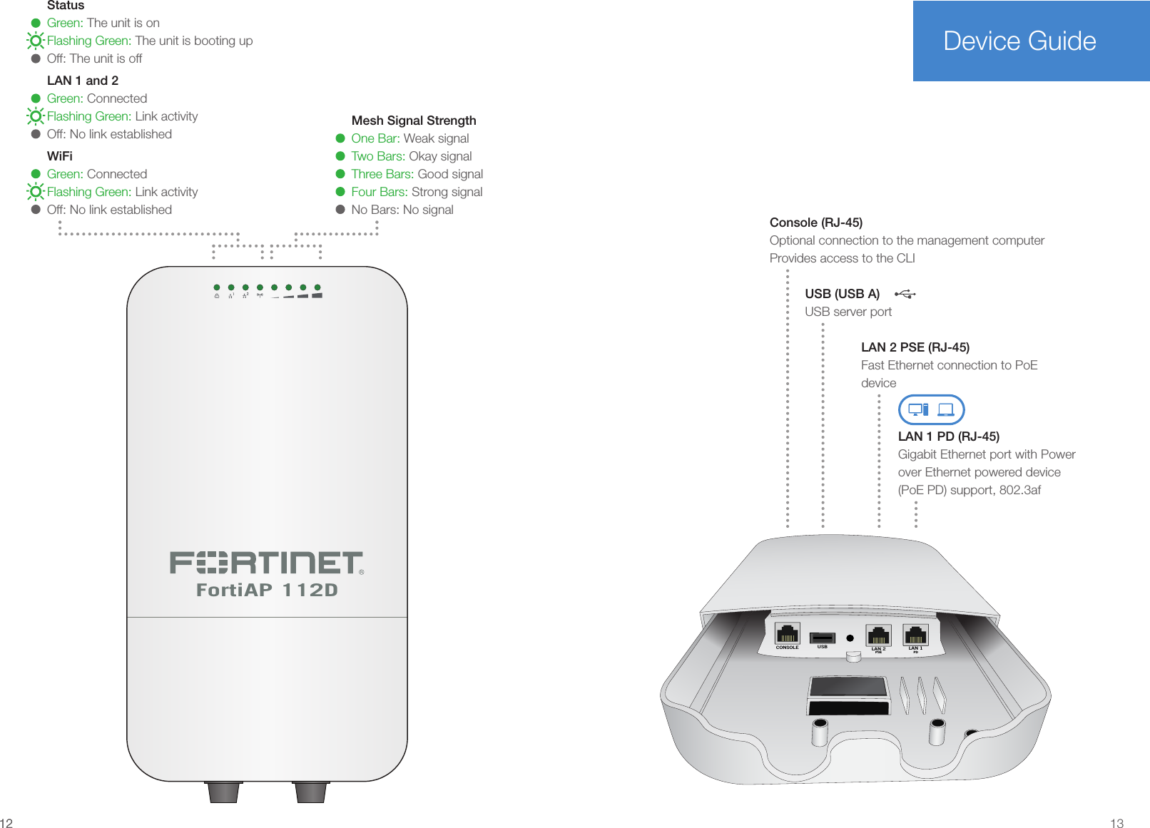 1212 13Device GuideLAN 1 PD (RJ-45) Gigabit Ethernet port with Power over Ethernet powered device (PoE PD) support, 802.3afLAN 2 PSE (RJ-45) Fast Ethernet connection to PoE deviceLAN 1 and 2Green: ConnectedFlashing Green: Link activityOff: No link establishedWiFiGreen: ConnectedFlashing Green: Link activityOff: No link establishedStatusGreen: The unit is onFlashing Green: The unit is booting upOff: The unit is offFortiAP 112DCONSOLE USB LAN 2PSELAN 1PDMesh Signal Strength One Bar: Weak signalTwo Bars: Okay signalThree Bars: Good signalFour Bars: Strong signalNo Bars: No signalUSB (USB A)USB server portConsole (RJ-45)Optional connection to the management computer Provides access to the CLI