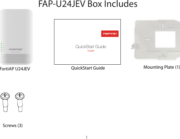 FortiAP U24JEV QuickStart GuideFAP-U24JEV Box Includes1Screws (3)Mounting Plate (1)