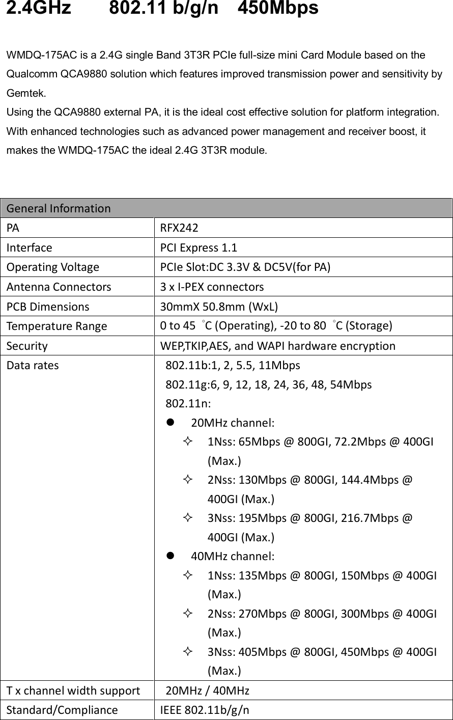 2.4GHz        802.11 b/g/n    450Mbps  WMDQ-175AC is a 2.4G single Band 3T3R PCIe full-size mini Card Module based on the Qualcomm QCA9880 solution which features improved transmission power and sensitivity by Gemtek.   Using the QCA9880 external PA, it is the ideal cost effective solution for platform integration. With enhanced technologies such as advanced power management and receiver boost, it makes the WMDQ-175AC the ideal 2.4G 3T3R module.   General Information PA  RFX242 Interface  PCI Express 1.1 Operating Voltage  PCIe Slot:DC 3.3V &amp; DC5V(for PA) Antenna Connectors  3 x I-PEX connectors PCB Dimensions  30mmX 50.8mm (WxL) Temperature Range  0 to 45  °C (Operating), -20 to 80  °C (Storage)       Security  WEP,TKIP,AES, and WAPI hardware encryption Data rates  802.11b:1, 2, 5.5, 11Mbps 802.11g:6, 9, 12, 18, 24, 36, 48, 54Mbps 802.11n:  20MHz channel:  1Nss: 65Mbps @ 800GI, 72.2Mbps @ 400GI (Max.)  2Nss: 130Mbps @ 800GI, 144.4Mbps @ 400GI (Max.)  3Nss: 195Mbps @ 800GI, 216.7Mbps @ 400GI (Max.)  40MHz channel:  1Nss: 135Mbps @ 800GI, 150Mbps @ 400GI (Max.)  2Nss: 270Mbps @ 800GI, 300Mbps @ 400GI (Max.)  3Nss: 405Mbps @ 800GI, 450Mbps @ 400GI (Max.)  T x channel width support  20MHz / 40MHz  Standard/Compliance  IEEE 802.11b/g/n 