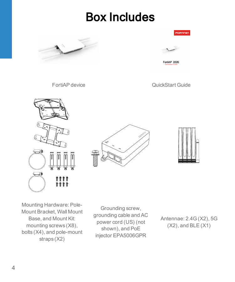 Page 4 of Fortinet 141703 Secured Wireless Access Point User Manual FortiAP 222E QuickStart Guide