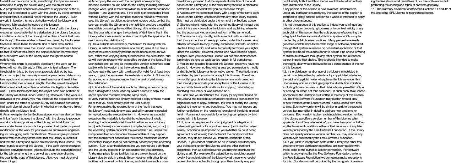 could satisfy both it and this License would be to refrain entirely from distribution of the Library.If any portion of this section is held invalid or unenforceable under any particular circumstance, the balance of the section is intended to apply, and the section as a whole is intended to apply in other circumstances.It is not the purpose of this section to induce you to infringe any patents or other property right claims or to contest validity of any such claims; this section has the sole purpose of protecting the integrity of the free software distribution system which is imple-mented by public license practices.  Many people have made generous contributions to the wide range of software distributed through that system in reliance on consistent application of that system; it is up to the author/donor to decide if he or she is willing to distribute software through any other system and a licensee cannot impose that choice. This section is intended to make thoroughly clear what is believed to be a consequence of the rest of this License.12. If the distribution and/or use of the Library is restricted in certain countries either by patents or by copyrighted interfaces, the original copyright holder who places the Library under this License may add an explicit geographical distribution limitation excluding those countries, so that distribution is permitted only in or among countries not thus excluded.  In such case, this License incorporates the limitation as if written in the body of this License.13. The Free Software Foundation may publish revised and/or new versions of the Lesser General Public License from time to time. Such new versions will be similar in spirit to the present version, but may differ in detail to address new problems or concerns. Each version is given a distinguishing version number.  If the Library specifies a version number of this License which applies to it and “any later version”, you have the option of follow-ing the terms and conditions either of that version or of any later version published by the Free Software Foundation.  If the Library does not specify a license version number, you may choose any version ever published by the Free Software Foundation.14. If you wish to incorporate parts of the Library into other free programs whose distribution conditions are incompatible with these, write to the author to ask for permission.  For software which is copyrighted by the Free Software Foundation, write to the Free Software Foundation; we sometimes make exceptions for this.  Our decision will be guided by the two goals of preserv-ing the free status of all derivatives of our free software and of promoting the sharing and reuse of software generally.15.  The warranty disclaimer contained in Sections 11 and 12 of the preceding GPL License is incorporated herein.to distribute the source code, even though third parties are not compelled to copy the source along with the object code.5. A program that contains no derivative of any portion of the Li-brary, but is designed to work with the Library by being compiled or linked with it, is called a “work that uses the Library”.  Such a work, in isolation, is not a derivative work of the Library, and therefore falls outside the scope of this License.However, linking a “work that uses the Library” with the Library creates an executable that is a derivative of the Library (because it contains portions of the Library), rather than a “work that uses the library”.  The executable is therefore covered by this License. Section 6 states terms for distribution of such executables.When a “work that uses the Library” uses material from a header file that is part of the Library, the object code for the work may be a derivative work of the Library even though the source code is not.Whether this is true is especially significant if the work can be linked without the Library, or if the work is itself a library.  The threshold for this to be true is not precisely defined by law.If such an object file uses only numerical parameters, data struc-ture layouts and accessors, and small macros and small inline functions (ten lines or less in length), then the use of the object file is unrestricted, regardless of whether it is legally a derivative work.  (Executables containing this object code plus portions of the Library will still fall under Section 6.) Otherwise, if the work is a derivative of the Library, you may distribute the object code for the work under the terms of Section 6. Any executables containing that work also fall under Section 6, whether or not they are linked directly with the Library itself.6. As an exception to the Sections above, you may also combine or link a “work that uses the Library” with the Library to produce a work containing portions of the Library, and distribute that work under terms of your choice, provided that the terms permit modification of the work for your own use and reverse engineer-ing for debugging such modifications. You must give prominent notice with each copy of the work that the Library is used in it and that the Library and its use are covered by this License.  You must supply a copy of this License.  If the work during execution displays copyright notices, you must include the copyright notice for the Library among them, as well as a reference directing the user to the copy of this License.  Also, you must do one of these things:a) Accompany the work with the complete corresponding machine-readable source code for the Library including whatever changes were used in the work (which must be distributed under Sections 1 and 2 above); and, if the work is an executable linked with the Library, with the complete machine-readable “work that uses the Library”, as object code and/or source code, so that the user can modify the Library and then relink to produce a modified executable containing the modified Library.  (It is understood that the user who changes the contents of definitions files in the Library will not necessarily be able to recompile the application to use the modified definitions.)b) Use a suitable shared library mechanism for linking with the Library.  A suitable mechanism is one that (1) uses at run time a copy of the library already present on the user’s computer sys-tem, rather than copying library functions into the executable, and (2) will operate properly with a modified version of the library, if the user installs one, as long as the modified version is interface-com-patible with the version that the work was made with.c) Accompany the work with a written offer, valid for at least three years, to give the same user the materials specified in Subsection 6a, above, for a charge no more than the cost of performing this distribution.d) If distribution of the work is made by offering access to copy from a designated place, offer equivalent access to copy the above specified materials from the same place.e) Verify that the user has already received a copy of these materi-als or that you have already sent this user a copy.For an executable, the required form of the “work that uses the Library” must include any data and utility programs needed for reproducing the executable from it.  However, as a special exception, the materials to be distributed need not include anything that is normally distributed (in either source or binary form) with the major components (compiler, kernel, and so on) of the operating system on which the executable runs, unless that component itself accompanies the executable. It may happen that this requirement contradicts the license restrictions of other proprietary libraries that do not normally accompany the operating system.  Such a contradiction means you cannot use both them and the Library together in an executable that you distribute.7. You may place library facilities that are a work based on the Library side-by-side in a single library together with other library facilities not covered by this License, and distribute such a com-bined library, provided that the separate distribution of the work based on the Library and of the other library facilities is otherwise permitted, and provided that you do these two things:a) Accompany the combined library with a copy of the same work based on the Library, uncombined with any other library facilities.  This must be distributed under the terms of the Sections above.b) Give prominent notice with the combined library of the fact that part of it is a work based on the Library, and explaining where to find the accompanying uncombined form of the same work.8. You may not copy, modify, sublicense, link with, or distribute the Library except as expressly provided under this License.  Any attempt otherwise to copy, modify, sublicense, link with, or distrib-ute the Library is void, and will automatically terminate your rights under this License.  However, parties who have received copies, or rights, from you under this License will not have their licenses terminated so long as such parties remain in full compliance.9. You are not required to accept this License, since you have not signed it.  However, nothing else grants you permission to modify or distribute the Library or its derivative works.  These actions are prohibited by law if you do not accept this License.  Therefore, by modifying or distributing the Library (or any work based on the Library), you indicate your acceptance of this License to do so, and all its terms and conditions for copying, distributing or modifying the Library or works based on it.10. Each time you redistribute the Library (or any work based on the Library), the recipient automatically receives a license from the original licensor to copy, distribute, link with or modify the Library subject to these terms and conditions.  You may not impose any further restrictions on the recipients’ exercise of the rights granted herein. You are not responsible for enforcing compliance by third parties with this License.11. If, as a consequence of a court judgment or allegation of patent infringement or for any other reason (not limited to patent issues), conditions are imposed on you (whether by court order, agreement or otherwise) that contradict the conditions of this License, they do not excuse you from the conditions of this License.  If you cannot distribute so as to satisfy simultaneously your obligations under this License and any other pertinent obligations, then as a consequence you may not distribute the Library at all.  For example, if a patent license would not permit royalty-free redistribution of the Library by all those who receive copies directly or indirectly through you, then the only way you 