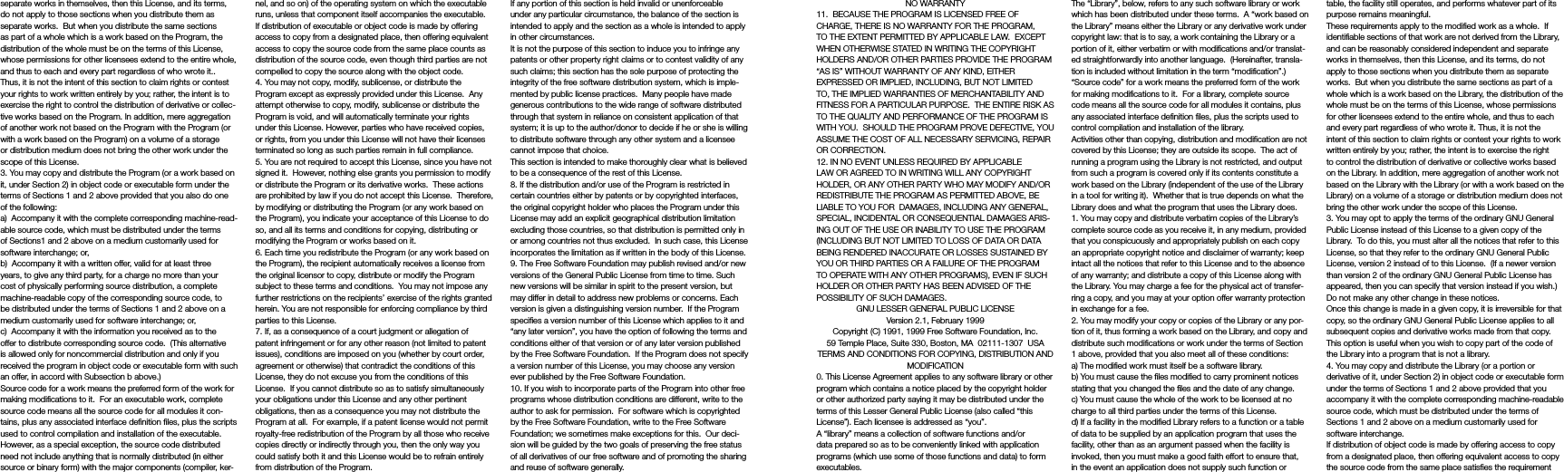 NO WARRANTY11.  BECAUSE THE PROGRAM IS LICENSED FREE OF CHARGE, THERE IS NO WARRANTY FOR THE PROGRAM, TO THE EXTENT PERMITTED BY APPLICABLE LAW.  EXCEPT WHEN OTHERWISE STATED IN WRITING THE COPYRIGHT HOLDERS AND/OR OTHER PARTIES PROVIDE THE PROGRAM “AS IS” WITHOUT WARRANTY OF ANY KIND, EITHER EXPRESSED OR IMPLIED, INCLUDING, BUT NOT LIMITED TO, THE IMPLIED WARRANTIES OF MERCHANTABILITY AND FITNESS FOR A PARTICULAR PURPOSE.  THE ENTIRE RISK AS TO THE QUALITY AND PERFORMANCE OF THE PROGRAM IS WITH YOU.  SHOULD THE PROGRAM PROVE DEFECTIVE, YOU ASSUME THE COST OF ALL NECESSARY SERVICING, REPAIR OR CORRECTION.12. IN NO EVENT UNLESS REQUIRED BY APPLICABLE LAW OR AGREED TO IN WRITING WILL ANY COPYRIGHT HOLDER, OR ANY OTHER PARTY WHO MAY MODIFY AND/OR REDISTRIBUTE THE PROGRAM AS PERMITTED ABOVE, BE LIABLE TO YOU FOR  DAMAGES, INCLUDING ANY GENERAL, SPECIAL, INCIDENTAL OR CONSEQUENTIAL DAMAGES ARIS-ING OUT OF THE USE OR INABILITY TO USE THE PROGRAM (INCLUDING BUT NOT LIMITED TO LOSS OF DATA OR DATA BEING RENDERED INACCURATE OR LOSSES SUSTAINED BY YOU OR THIRD PARTIES OR A FAILURE OF THE PROGRAM TO OPERATE WITH ANY OTHER PROGRAMS), EVEN IF SUCH HOLDER OR OTHER PARTY HAS BEEN ADVISED OF THE POSSIBILITY OF SUCH DAMAGES.GNU LESSER GENERAL PUBLIC LICENSEVersion 2.1, February 1999Copyright (C) 1991, 1999 Free Software Foundation, Inc.59 Temple Place, Suite 330, Boston, MA  02111-1307  USATERMS AND CONDITIONS FOR COPYING, DISTRIBUTION AND MODIFICATION0. This License Agreement applies to any software library or other program which contains a notice placed by the copyright holder or other authorized party saying it may be distributed under the terms of this Lesser General Public License (also called “this License”). Each licensee is addressed as “you”.A “library” means a collection of software functions and/or data prepared so as to be conveniently linked with application programs (which use some of those functions and data) to form executables.The “Library”, below, refers to any such software library or work which has been distributed under these terms.  A “work based on the Library” means either the Library or any derivative work under copyright law: that is to say, a work containing the Library or a portion of it, either verbatim or with modifications and/or translat-ed straightforwardly into another language.  (Hereinafter, transla-tion is included without limitation in the term “modification”.)“Source code” for a work means the preferred form of the work for making modifications to it.  For a library, complete source code means all the source code for all modules it contains, plus any associated interface definition files, plus the scripts used to control compilation and installation of the library.Activities other than copying, distribution and modification are not covered by this License; they are outside its scope.  The act of running a program using the Library is not restricted, and output from such a program is covered only if its contents constitute a work based on the Library (independent of the use of the Library in a tool for writing it).  Whether that is true depends on what the Library does and what the program that uses the Library does.1. You may copy and distribute verbatim copies of the Library’s complete source code as you receive it, in any medium, provided that you conspicuously and appropriately publish on each copy an appropriate copyright notice and disclaimer of warranty; keep intact all the notices that refer to this License and to the absence of any warranty; and distribute a copy of this License along with the Library. You may charge a fee for the physical act of transfer-ring a copy, and you may at your option offer warranty protection in exchange for a fee.2. You may modify your copy or copies of the Library or any por-tion of it, thus forming a work based on the Library, and copy and distribute such modifications or work under the terms of Section 1 above, provided that you also meet all of these conditions:a) The modified work must itself be a software library.b) You must cause the files modified to carry prominent notices stating that you changed the files and the date of any change.c) You must cause the whole of the work to be licensed at no charge to all third parties under the terms of this License.d) If a facility in the modified Library refers to a function or a table of data to be supplied by an application program that uses the facility, other than as an argument passed when the facility is invoked, then you must make a good faith effort to ensure that, in the event an application does not supply such function or table, the facility still operates, and performs whatever part of its purpose remains meaningful.These requirements apply to the modified work as a whole.  If identifiable sections of that work are not derived from the Library, and can be reasonably considered independent and separate works in themselves, then this License, and its terms, do not apply to those sections when you distribute them as separate works.  But when you distribute the same sections as part of a whole which is a work based on the Library, the distribution of the whole must be on the terms of this License, whose permissions for other licensees extend to the entire whole, and thus to each and every part regardless of who wrote it. Thus, it is not the intent of this section to claim rights or contest your rights to work written entirely by you; rather, the intent is to exercise the right to control the distribution of derivative or collective works based on the Library. In addition, mere aggregation of another work not based on the Library with the Library (or with a work based on the Library) on a volume of a storage or distribution medium does not bring the other work under the scope of this License.3. You may opt to apply the terms of the ordinary GNU General Public License instead of this License to a given copy of the Library.  To do this, you must alter all the notices that refer to this License, so that they refer to the ordinary GNU General Public License, version 2 instead of to this License.  (If a newer version than version 2 of the ordinary GNU General Public License has appeared, then you can specify that version instead if you wish.)  Do not make any other change in these notices.Once this change is made in a given copy, it is irreversible for that copy, so the ordinary GNU General Public License applies to all subsequent copies and derivative works made from that copy. This option is useful when you wish to copy part of the code of the Library into a program that is not a library.4. You may copy and distribute the Library (or a portion or derivative of it, under Section 2) in object code or executable form under the terms of Sections 1 and 2 above provided that you accompany it with the complete corresponding machine-readable source code, which must be distributed under the terms of Sections 1 and 2 above on a medium customarily used for software interchange.If distribution of object code is made by offering access to copy from a designated place, then offering equivalent access to copy the source code from the same place satisfies the requirement separate works in themselves, then this License, and its terms, do not apply to those sections when you distribute them as separate works.  But when you distribute the same sections as part of a whole which is a work based on the Program, the distribution of the whole must be on the terms of this License, whose permissions for other licensees extend to the entire whole, and thus to each and every part regardless of who wrote it..  Thus, it is not the intent of this section to claim rights or contest your rights to work written entirely by you; rather, the intent is to exercise the right to control the distribution of derivative or collec-tive works based on the Program. In addition, mere aggregation of another work not based on the Program with the Program (or with a work based on the Program) on a volume of a storage or distribution medium does not bring the other work under the scope of this License.3. You may copy and distribute the Program (or a work based on it, under Section 2) in object code or executable form under the terms of Sections 1 and 2 above provided that you also do one of the following:a)  Accompany it with the complete corresponding machine-read-able source code, which must be distributed under the terms of Sections1 and 2 above on a medium customarily used for software interchange; or,b)  Accompany it with a written offer, valid for at least three years, to give any third party, for a charge no more than your cost of physically performing source distribution, a complete machine-readable copy of the corresponding source code, to be distributed under the terms of Sections 1 and 2 above on a medium customarily used for software interchange; or,c)  Accompany it with the information you received as to the offer to distribute corresponding source code.  (This alternative is allowed only for noncommercial distribution and only if you received the program in object code or executable form with such an offer, in accord with Subsection b above.)Source code for a work means the preferred form of the work for making modifications to it.  For an executable work, complete source code means all the source code for all modules it con-tains, plus any associated interface definition files, plus the scripts used to control compilation and installation of the executable.  However, as a special exception, the source code distributed need not include anything that is normally distributed (in either source or binary form) with the major components (compiler, ker-nel, and so on) of the operating system on which the executable runs, unless that component itself accompanies the executable. If distribution of executable or object code is made by offering access to copy from a designated place, then offering equivalent access to copy the source code from the same place counts as distribution of the source code, even though third parties are not compelled to copy the source along with the object code.4. You may not copy, modify, sublicense, or distribute the Program except as expressly provided under this License.  Any attempt otherwise to copy, modify, sublicense or distribute the Program is void, and will automatically terminate your rights under this License. However, parties who have received copies, or rights, from you under this License will not have their licenses terminated so long as such parties remain in full compliance.5. You are not required to accept this License, since you have not signed it.  However, nothing else grants you permission to modify or distribute the Program or its derivative works.  These actions are prohibited by law if you do not accept this License.  Therefore, by modifying or distributing the Program (or any work based on the Program), you indicate your acceptance of this License to do so, and all its terms and conditions for copying, distributing or modifying the Program or works based on it.6. Each time you redistribute the Program (or any work based on the Program), the recipient automatically receives a license from the original licensor to copy, distribute or modify the Program subject to these terms and conditions.  You may not impose any further restrictions on the recipients’ exercise of the rights granted herein. You are not responsible for enforcing compliance by third parties to this License.7. If, as a consequence of a court judgment or allegation of patent infringement or for any other reason (not limited to patent issues), conditions are imposed on you (whether by court order, agreement or otherwise) that contradict the conditions of this License, they do not excuse you from the conditions of this License.  If you cannot distribute so as to satisfy simultaneously your obligations under this License and any other pertinent obligations, then as a consequence you may not distribute the Program at all.  For example, if a patent license would not permit royalty-free redistribution of the Program by all those who receive copies directly or indirectly through you, then the only way you could satisfy both it and this License would be to refrain entirely from distribution of the Program.If any portion of this section is held invalid or unenforceable under any particular circumstance, the balance of the section is intended to apply and the section as a whole is intended to apply in other circumstances.It is not the purpose of this section to induce you to infringe any patents or other property right claims or to contest validity of any such claims; this section has the sole purpose of protecting the integrity of the free software distribution system, which is imple-mented by public license practices.  Many people have made generous contributions to the wide range of software distributed through that system in reliance on consistent application of that system; it is up to the author/donor to decide if he or she is willing to distribute software through any other system and a licensee cannot impose that choice.This section is intended to make thoroughly clear what is believed to be a consequence of the rest of this License.8. If the distribution and/or use of the Program is restricted in certain countries either by patents or by copyrighted interfaces, the original copyright holder who places the Program under this License may add an explicit geographical distribution limitation excluding those countries, so that distribution is permitted only in or among countries not thus excluded.  In such case, this License incorporates the limitation as if written in the body of this License.9. The Free Software Foundation may publish revised and/or new versions of the General Public License from time to time. Such new versions will be similar in spirit to the present version, but may differ in detail to address new problems or concerns. Each version is given a distinguishing version number.  If the Program specifies a version number of this License which applies to it and “any later version”, you have the option of following the terms and conditions either of that version or of any later version published by the Free Software Foundation.  If the Program does not specify a version number of this License, you may choose any version ever published by the Free Software Foundation.10. If you wish to incorporate parts of the Program into other free programs whose distribution conditions are different, write to the author to ask for permission.  For software which is copyrighted by the Free Software Foundation, write to the Free Software Foundation; we sometimes make exceptions for this.  Our deci-sion will be guided by the two goals of preserving the free status of all derivatives of our free software and of promoting the sharing and reuse of software generally.