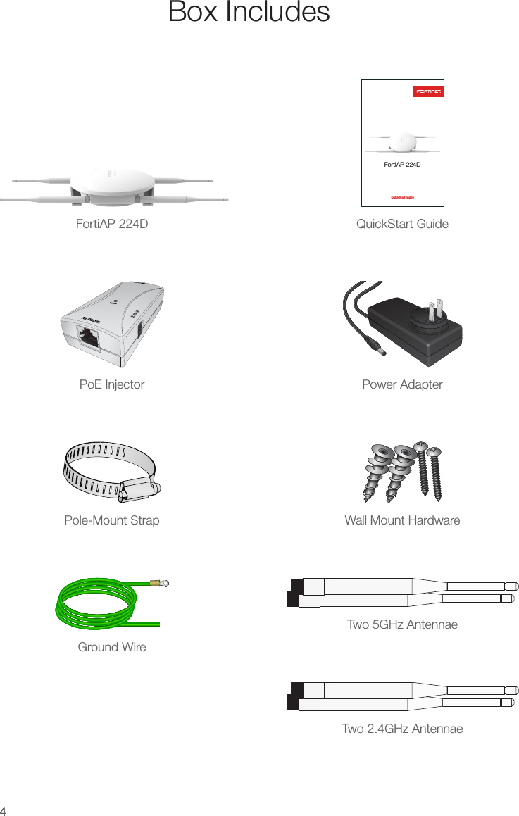 Box Includes44DC48V INPoE Injector Power AdapterGround WirePole-Mount Strap Wall Mount HardwareTwo 2.4GHz AntennaeTwo 5GHz AntennaeFortiAP 224DQuickStart GuideQuickStart GuideFortiAP 224D