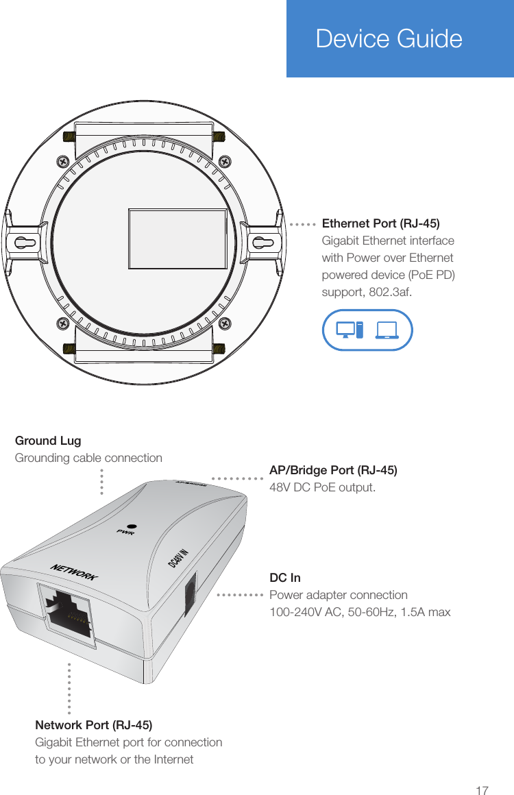 17Device GuideEthernet Port (RJ-45) Gigabit Ethernet interface with Power over Ethernet powered device (PoE PD) support, 802.3af.Ground LugGrounding cable connectionDC InPower adapter connection100-240V AC, 50-60Hz, 1.5A maxAP/Bridge Port (RJ-45)48V DC PoE output. Network Port (RJ-45) Gigabit Ethernet port for connection to your network or the InternetDC48V IN