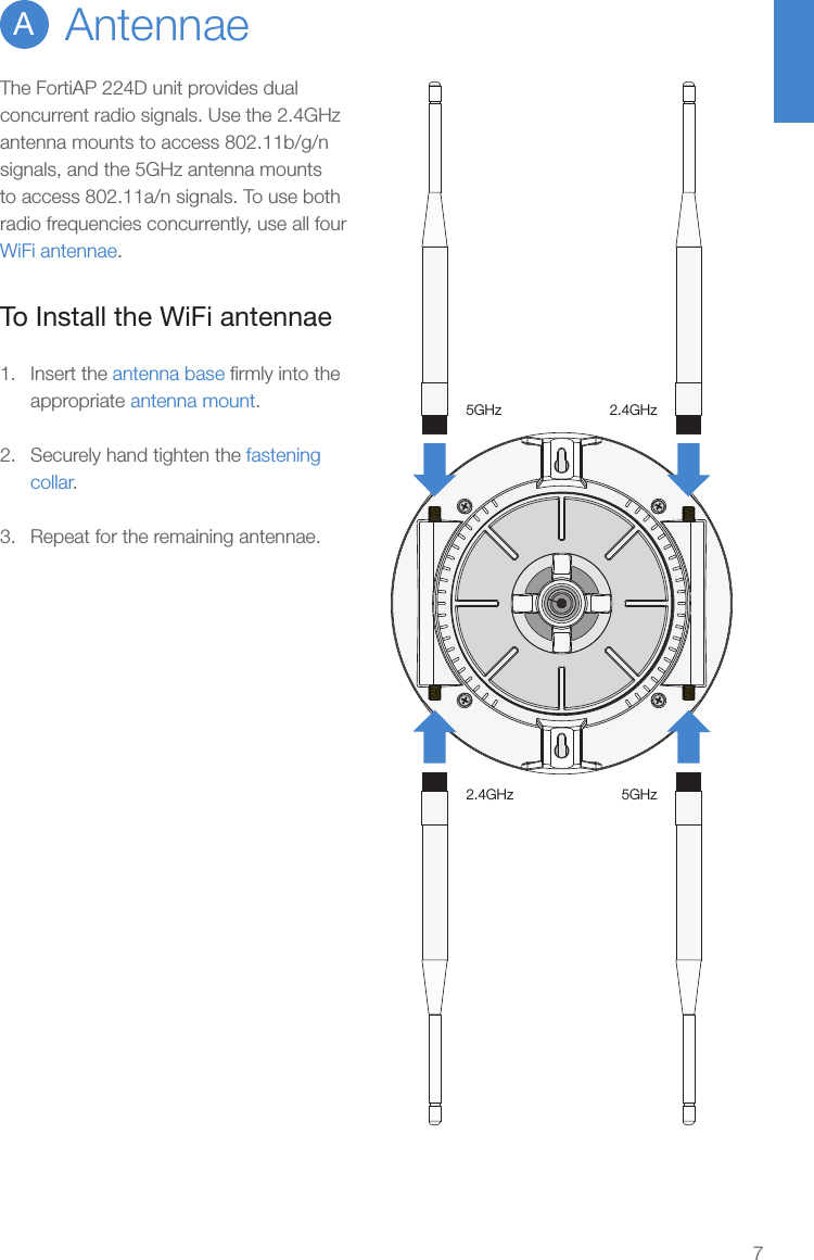 7The FortiAP 224D unit provides dual concurrent radio signals. Use the 2.4GHz antenna mounts to access 802.11b/g/n signals, and the 5GHz antenna mounts to access 802.11a/n signals. To use both radio frequencies concurrently, use all four WiFi antennae.To Install the WiFi antennae1.  Insert the antenna base ﬁrmly into the appropriate antenna mount.2.  Securely hand tighten the fastening collar.3.  Repeat for the remaining antennae.5GHz5GHz2.4GHz2.4GHzAntennaeA