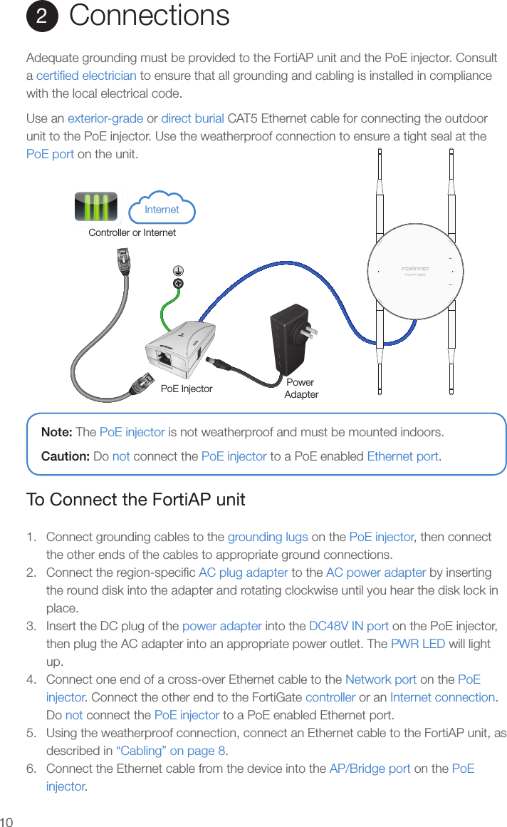 1010Connections2Adequate grounding must be provided to the FortiAP unit and the PoE injector. Consult a certiﬁed electrician to ensure that all grounding and cabling is installed in compliance with the local electrical code. Use an exterior-grade or direct burial CAT5 Ethernet cable for connecting the outdoor unit to the PoE injector. Use the weatherproof connection to ensure a tight seal at the PoE port on the unit.To Connect the FortiAP unit1.  Connect grounding cables to the grounding lugs on the PoE injector, then connect the other ends of the cables to appropriate ground connections.2.  Connect the region-speciﬁc AC plug adapter to the AC power adapter by inserting the round disk into the adapter and rotating clockwise until you hear the disk lock in place.3.  Insert the DC plug of the power adapter into the DC48V IN port on the PoE injector, then plug the AC adapter into an appropriate power outlet. The PWR LED will light up.4.  Connect one end of a cross-over Ethernet cable to the Network port on the PoE injector. Connect the other end to the FortiGate controller or an Internet connection. Do not connect the PoE injector to a PoE enabled Ethernet port.5.  Using the weatherproof connection, connect an Ethernet cable to the FortiAP unit, as described in “Cabling” on page 8.6.  Connect the Ethernet cable from the device into the AP/Bridge port on the PoE injector.Controller or InternetPoE Injector Power AdapterInternetDC48V INNote: The PoE injector is not weatherproof and must be mounted indoors.Caution: Do not connect the PoE injector to a PoE enabled Ethernet port.