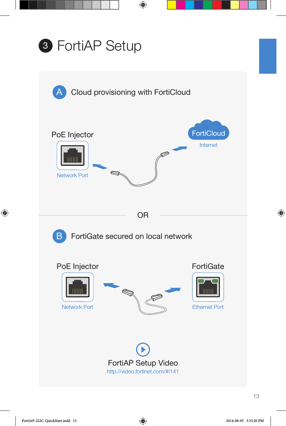 13Cloud provisioning with FortiCloudFortiGate secured on local networkORFortiAP Setup Videohttp://video.fortinet.com/#!141FortiAP Setup3ABFortiCloudInternetPoE InjectorNetwork Port Ethernet PortPoE Injector FortiGateNetwork PortFortiAP-222C-QuickStart.indd   13 2014-08-05   3:33:20 PM