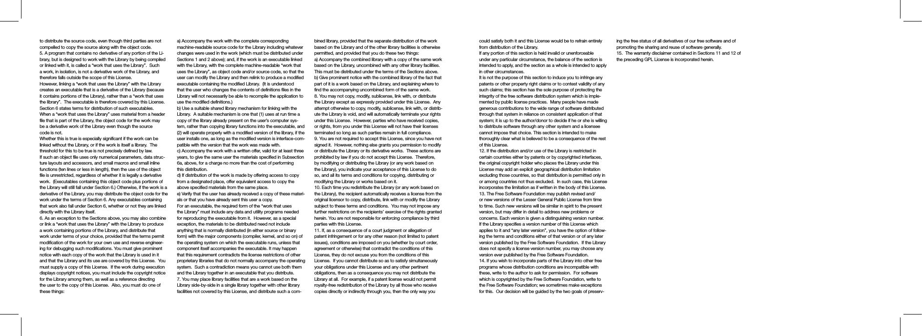 could satisfy both it and this License would be to refrain entirely from distribution of the Library.If any portion of this section is held invalid or unenforceable under any particular circumstance, the balance of the section is intended to apply, and the section as a whole is intended to apply in other circumstances.It is not the purpose of this section to induce you to infringe any patents or other property right claims or to contest validity of any such claims; this section has the sole purpose of protecting the integrity of the free software distribution system which is imple-mented by public license practices.  Many people have made generous contributions to the wide range of software distributed through that system in reliance on consistent application of that system; it is up to the author/donor to decide if he or she is willing to distribute software through any other system and a licensee cannot impose that choice. This section is intended to make thoroughly clear what is believed to be a consequence of the rest of this License.12. If the distribution and/or use of the Library is restricted in certain countries either by patents or by copyrighted interfaces, the original copyright holder who places the Library under this License may add an explicit geographical distribution limitation excluding those countries, so that distribution is permitted only in or among countries not thus excluded.  In such case, this License incorporates the limitation as if written in the body of this License.13. The Free Software Foundation may publish revised and/or new versions of the Lesser General Public License from time to time. Such new versions will be similar in spirit to the present version, but may differ in detail to address new problems or concerns. Each version is given a distinguishing version number.  If the Library specifies a version number of this License which applies to it and “any later version”, you have the option of follow-ing the terms and conditions either of that version or of any later version published by the Free Software Foundation.  If the Library does not specify a license version number, you may choose any version ever published by the Free Software Foundation.14. If you wish to incorporate parts of the Library into other free programs whose distribution conditions are incompatible with these, write to the author to ask for permission.  For software which is copyrighted by the Free Software Foundation, write to the Free Software Foundation; we sometimes make exceptions for this.  Our decision will be guided by the two goals of preserv-ing the free status of all derivatives of our free software and of promoting the sharing and reuse of software generally.15.  The warranty disclaimer contained in Sections 11 and 12 of the preceding GPL License is incorporated herein.to distribute the source code, even though third parties are not compelled to copy the source along with the object code.5. A program that contains no derivative of any portion of the Li-brary, but is designed to work with the Library by being compiled or linked with it, is called a “work that uses the Library”.  Such a work, in isolation, is not a derivative work of the Library, and therefore falls outside the scope of this License.However, linking a “work that uses the Library” with the Library creates an executable that is a derivative of the Library (because it contains portions of the Library), rather than a “work that uses the library”.  The executable is therefore covered by this License. Section 6 states terms for distribution of such executables.When a “work that uses the Library” uses material from a header file that is part of the Library, the object code for the work may be a derivative work of the Library even though the source code is not.Whether this is true is especially significant if the work can be linked without the Library, or if the work is itself a library.  The threshold for this to be true is not precisely defined by law.If such an object file uses only numerical parameters, data struc-ture layouts and accessors, and small macros and small inline functions (ten lines or less in length), then the use of the object file is unrestricted, regardless of whether it is legally a derivative work.  (Executables containing this object code plus portions of the Library will still fall under Section 6.) Otherwise, if the work is a derivative of the Library, you may distribute the object code for the work under the terms of Section 6. Any executables containing that work also fall under Section 6, whether or not they are linked directly with the Library itself.6. As an exception to the Sections above, you may also combine or link a “work that uses the Library” with the Library to produce a work containing portions of the Library, and distribute that work under terms of your choice, provided that the terms permit modification of the work for your own use and reverse engineer-ing for debugging such modifications. You must give prominent notice with each copy of the work that the Library is used in it and that the Library and its use are covered by this License.  You must supply a copy of this License.  If the work during execution displays copyright notices, you must include the copyright notice for the Library among them, as well as a reference directing the user to the copy of this License.  Also, you must do one of these things:a) Accompany the work with the complete corresponding machine-readable source code for the Library including whatever changes were used in the work (which must be distributed under Sections 1 and 2 above); and, if the work is an executable linked with the Library, with the complete machine-readable “work that uses the Library”, as object code and/or source code, so that the user can modify the Library and then relink to produce a modified executable containing the modified Library.  (It is understood that the user who changes the contents of definitions files in the Library will not necessarily be able to recompile the application to use the modified definitions.)b) Use a suitable shared library mechanism for linking with the Library.  A suitable mechanism is one that (1) uses at run time a copy of the library already present on the user’s computer sys-tem, rather than copying library functions into the executable, and (2) will operate properly with a modified version of the library, if the user installs one, as long as the modified version is interface-com-patible with the version that the work was made with.c) Accompany the work with a written offer, valid for at least three years, to give the same user the materials specified in Subsection 6a, above, for a charge no more than the cost of performing this distribution.d) If distribution of the work is made by offering access to copy from a designated place, offer equivalent access to copy the above specified materials from the same place.e) Verify that the user has already received a copy of these materi-als or that you have already sent this user a copy.For an executable, the required form of the “work that uses the Library” must include any data and utility programs needed for reproducing the executable from it.  However, as a special exception, the materials to be distributed need not include anything that is normally distributed (in either source or binary form) with the major components (compiler, kernel, and so on) of the operating system on which the executable runs, unless that component itself accompanies the executable. It may happen that this requirement contradicts the license restrictions of other proprietary libraries that do not normally accompany the operating system.  Such a contradiction means you cannot use both them and the Library together in an executable that you distribute.7. You may place library facilities that are a work based on the Library side-by-side in a single library together with other library facilities not covered by this License, and distribute such a com-bined library, provided that the separate distribution of the work based on the Library and of the other library facilities is otherwise permitted, and provided that you do these two things:a) Accompany the combined library with a copy of the same work based on the Library, uncombined with any other library facilities.  This must be distributed under the terms of the Sections above.b) Give prominent notice with the combined library of the fact that part of it is a work based on the Library, and explaining where to find the accompanying uncombined form of the same work.8. You may not copy, modify, sublicense, link with, or distribute the Library except as expressly provided under this License.  Any attempt otherwise to copy, modify, sublicense, link with, or distrib-ute the Library is void, and will automatically terminate your rights under this License.  However, parties who have received copies, or rights, from you under this License will not have their licenses terminated so long as such parties remain in full compliance.9. You are not required to accept this License, since you have not signed it.  However, nothing else grants you permission to modify or distribute the Library or its derivative works.  These actions are prohibited by law if you do not accept this License.  Therefore, by modifying or distributing the Library (or any work based on the Library), you indicate your acceptance of this License to do so, and all its terms and conditions for copying, distributing or modifying the Library or works based on it.10. Each time you redistribute the Library (or any work based on the Library), the recipient automatically receives a license from the original licensor to copy, distribute, link with or modify the Library subject to these terms and conditions.  You may not impose any further restrictions on the recipients’ exercise of the rights granted herein. You are not responsible for enforcing compliance by third parties with this License.11. If, as a consequence of a court judgment or allegation of patent infringement or for any other reason (not limited to patent issues), conditions are imposed on you (whether by court order, agreement or otherwise) that contradict the conditions of this License, they do not excuse you from the conditions of this License.  If you cannot distribute so as to satisfy simultaneously your obligations under this License and any other pertinent obligations, then as a consequence you may not distribute the Library at all.  For example, if a patent license would not permit royalty-free redistribution of the Library by all those who receive copies directly or indirectly through you, then the only way you 