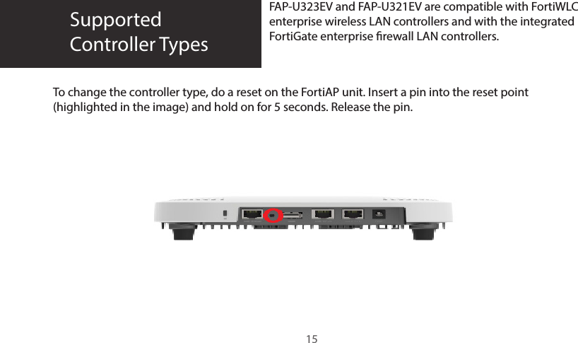 To change the controller type, do a reset on the FortiAP unit. Insert a pin into the reset point (highlighted in the image) and hold on for 5 seconds. Release the pin.15SupportedController TypesFAP-U323EV and FAP-U321EV are compatible with FortiWLC enterprise wireless LAN controllers and with the integrated FortiGate enterprise rewall LAN controllers.