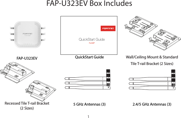 2.4/5 GHz Antennas (3)2.4 GHz2.4 GHz2.4 GHz2.4 GHzFAP-U323EV QuickStart GuideFAP-U323EV Box Includes5 GHz Antennas (3)5 GHz5 GHz5 GHz5 GHzRecessed Tile T-rail Bracket (2 Sizes)Wall/Ceiling Mount &amp; Standard Tile T-rail Bracket (2 Sizes)1