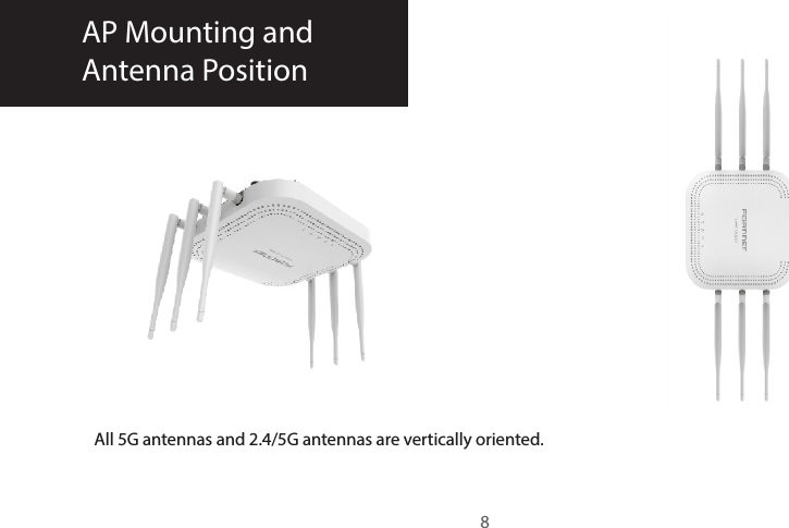 All 5G antennas and 2.4/5G antennas are vertically oriented.AP Mounting and Antenna Position8