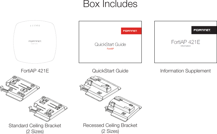 Box IncludesFortiAP 421E Information SupplementQuickStart GuideStandard Ceiling Bracket (2 Sizes)Recessed Ceiling Bracket (2 Sizes)FortiAP 421E