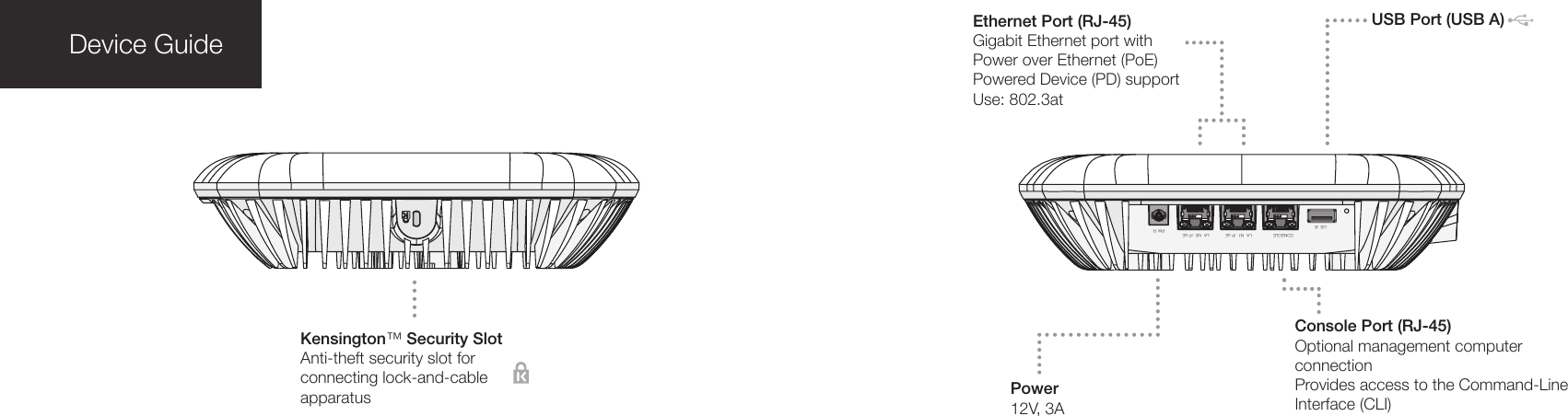 Device GuideKensington™ Security SlotAnti-theft security slot for connecting lock-and-cable apparatusEthernet Port (RJ-45) Gigabit Ethernet port with Power over Ethernet (PoE) Powered Device (PD) supportUse: 802.3atPower12V, 3AConsole Port (RJ-45)Optional management computer connection Provides access to the Command-Line Interface (CLI)USB Port (USB A)    LA N1 /P oE LA N2 /P oE PW RUS BCONSOLE