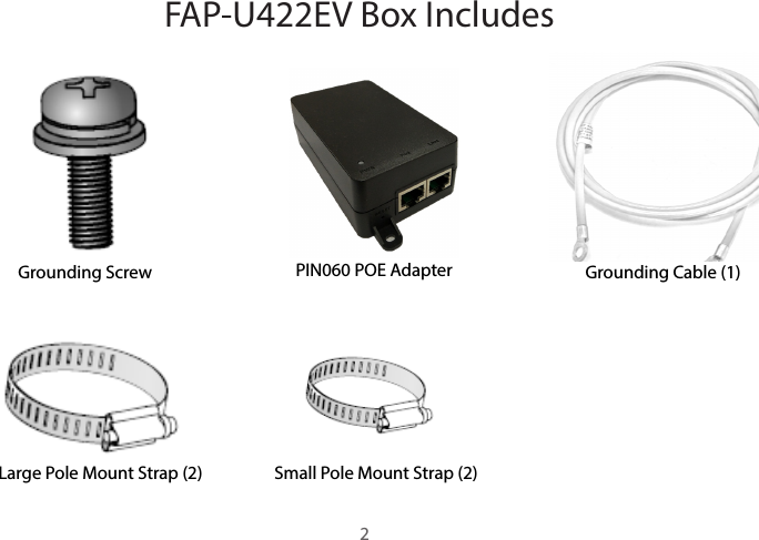 FAP-U422EV Box IncludesGrounding Screw PIN060 POE Adapter Grounding Cable (1)Large Pole Mount Strap (2)2Small Pole Mount Strap (2)