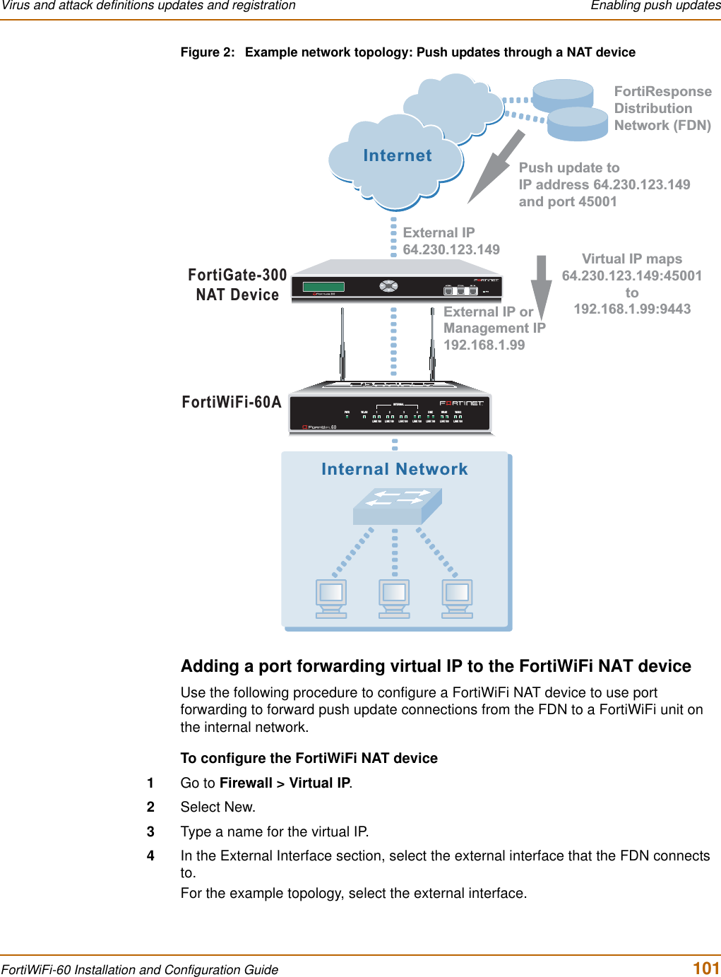 Virus and attack definitions updates and registration  Enabling push updatesFortiWiFi-60 Installation and Configuration Guide  101Figure 2: Example network topology: Push updates through a NAT deviceAdding a port forwarding virtual IP to the FortiWiFi NAT deviceUse the following procedure to configure a FortiWiFi NAT device to use port forwarding to forward push update connections from the FDN to a FortiWiFi unit on the internal network.To configure the FortiWiFi NAT device1Go to Firewall &gt; Virtual IP.2Select New.3Type a name for the virtual IP.4In the External Interface section, select the external interface that the FDN connects to.For the example topology, select the external interface.InternetVirtual IP maps64.230.123.149:45001to192.168.1.99:9443External IP64.230.123.149FortiResponseDistributionNetwork (FDN)FortiWiFi-60AInternal NetworkEsc EnterExternal IP or Management IP192.168.1.99FortiGate-300NAT DevicePush update to IP address 64.230.123.149and port 45001INTERNALDMZ4321LINK 100 LINK 100 LINK 100 LINK 100 LINK 100 LINK 100 LINK 100WAN1 WA N2PWR WLAN