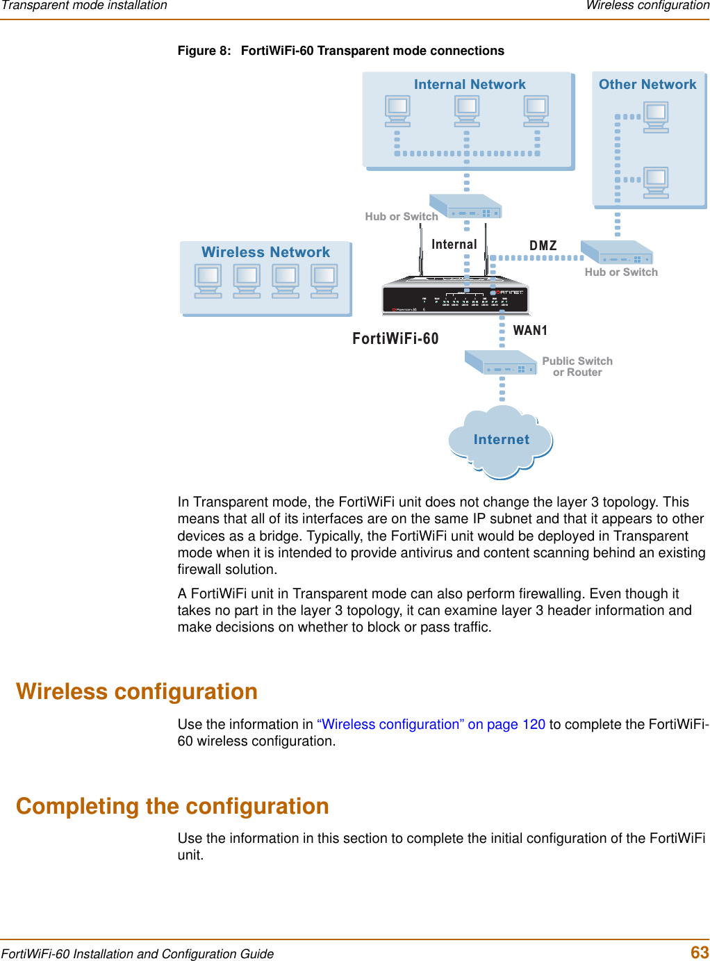 Transparent mode installation  Wireless configurationFortiWiFi-60 Installation and Configuration Guide  63Figure 8: FortiWiFi-60 Transparent mode connectionsIn Transparent mode, the FortiWiFi unit does not change the layer 3 topology. This means that all of its interfaces are on the same IP subnet and that it appears to other devices as a bridge. Typically, the FortiWiFi unit would be deployed in Transparent mode when it is intended to provide antivirus and content scanning behind an existing firewall solution. A FortiWiFi unit in Transparent mode can also perform firewalling. Even though it takes no part in the layer 3 topology, it can examine layer 3 header information and make decisions on whether to block or pass traffic.Wireless configurationUse the information in “Wireless configuration” on page 120 to complete the FortiWiFi-60 wireless configuration.Completing the configurationUse the information in this section to complete the initial configuration of the FortiWiFi unit.INTERNALDMZ4321LINK 100 LINK 100 LINK 100 LINK 100 LINK 100 LINK 100 LINK 100WAN1 WAN 2PWR WLANInternetWAN1DMZFortiWiFi-60Internal Network Other NetworkHub or SwitchHub or SwitchPublic Switchor RouterInternalWireless Network